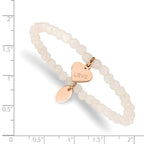 Chisel Stainless Steel Polished Rose IP-plated LOVE Heart 4mm Jade Beaded Stretch Bracelet