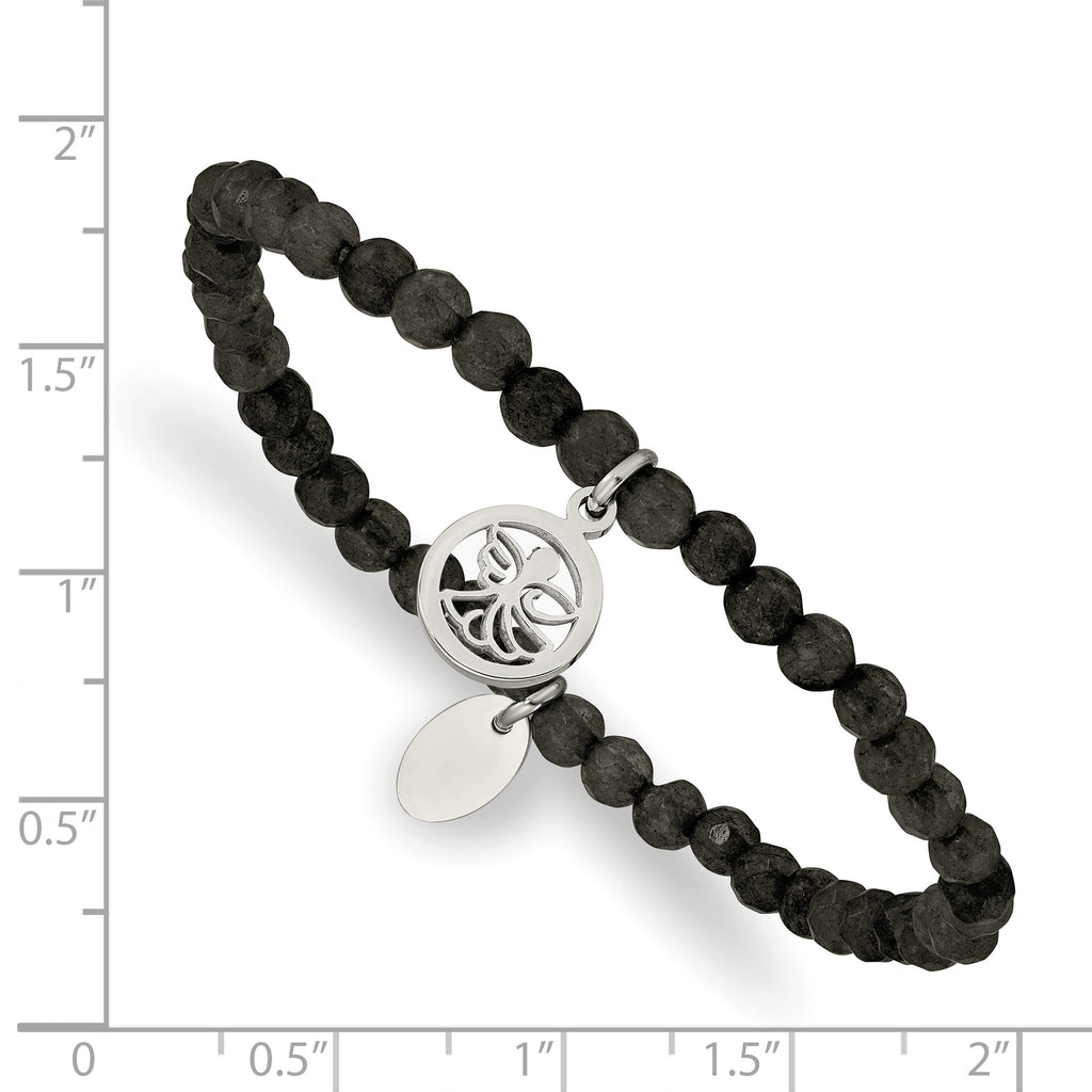 Chisel Stainless Steel Polished Angel 4mm Black Jade Beaded Stretch Bracelet