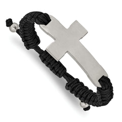 Stainless Steel Brushed and Polished Cross Black Nylon Adjustable Bracelet