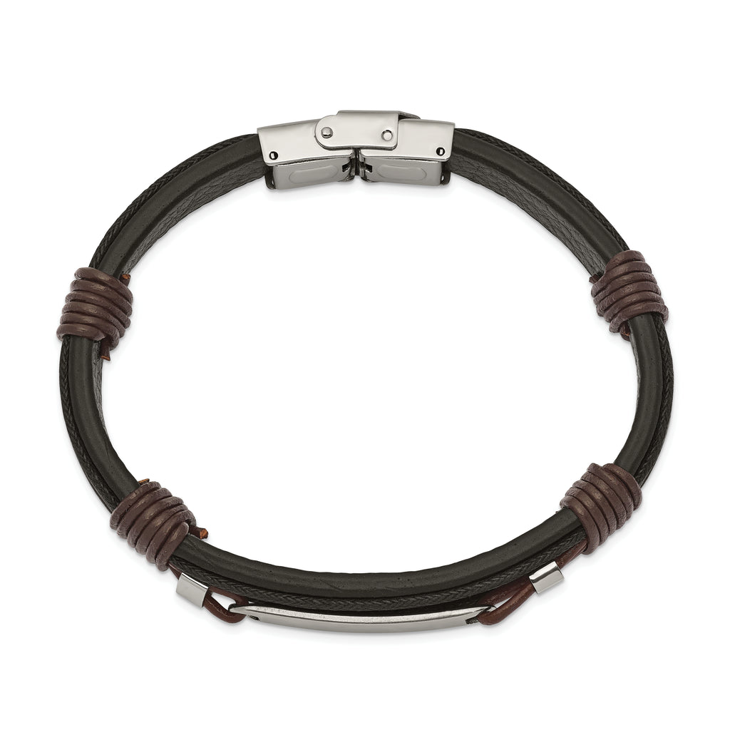Black & Brown Leather ID Bracelet in Stainless Steel