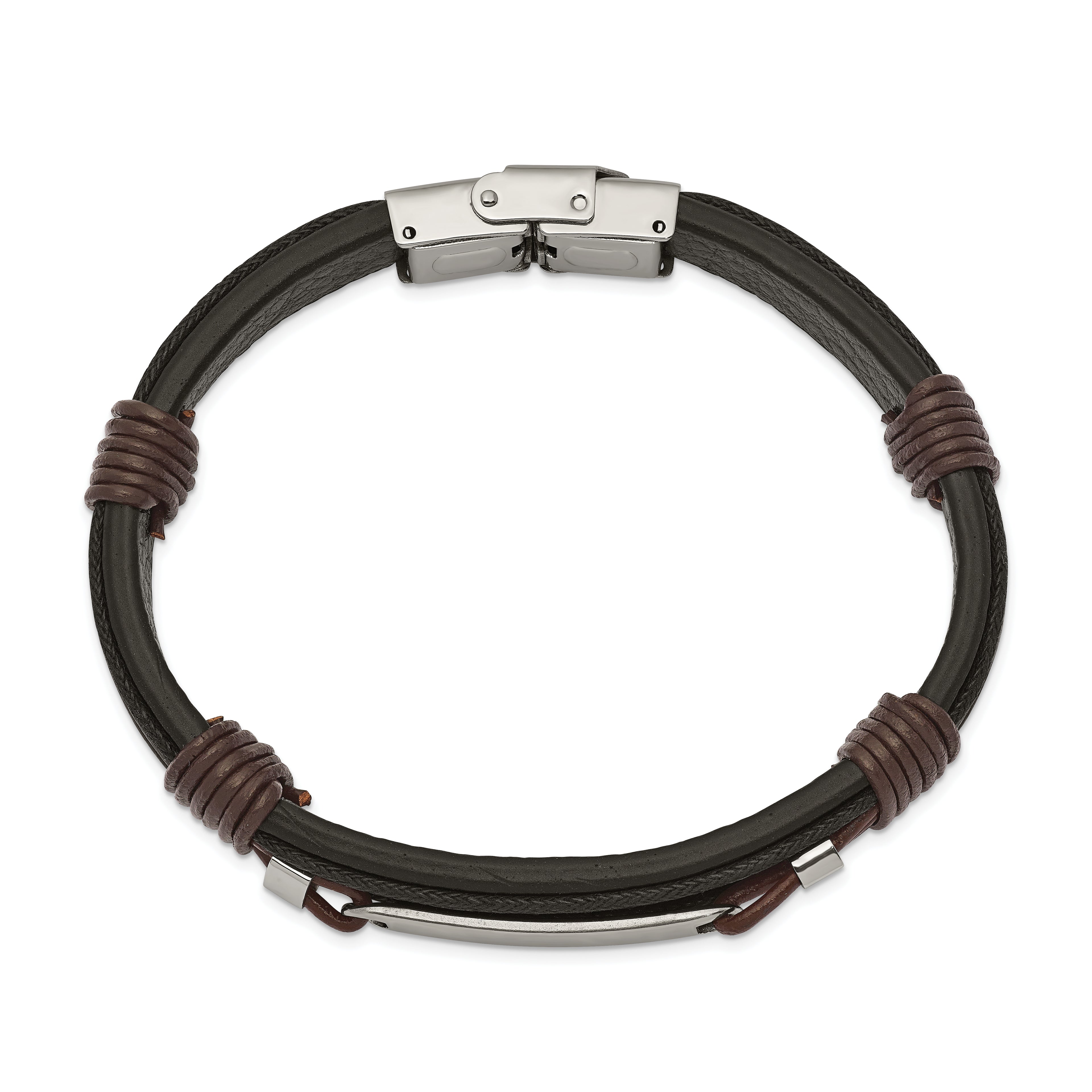 Black & Brown Leather ID Bracelet in Stainless Steel