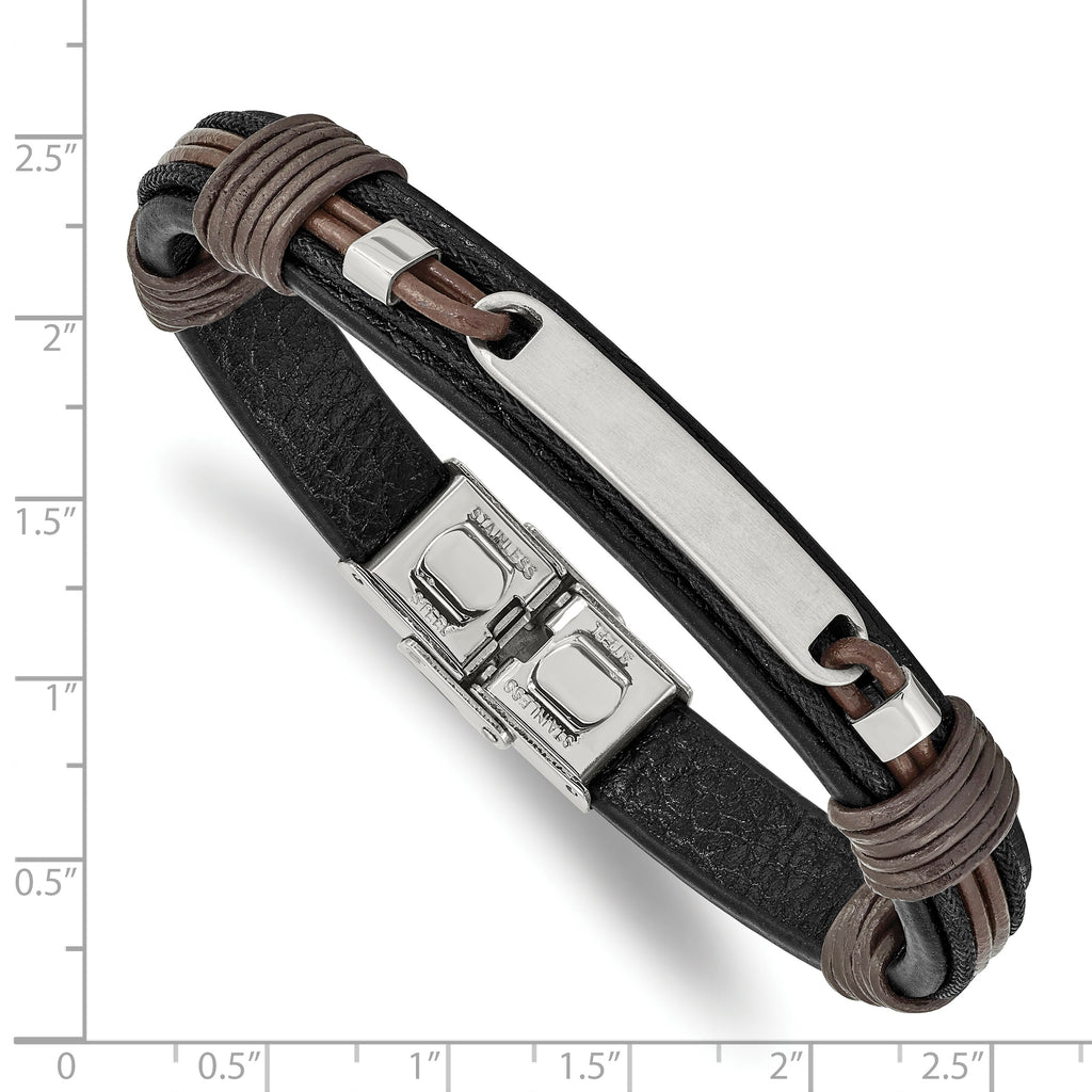 Black & Brown Leather ID Bracelet in Stainless Steel