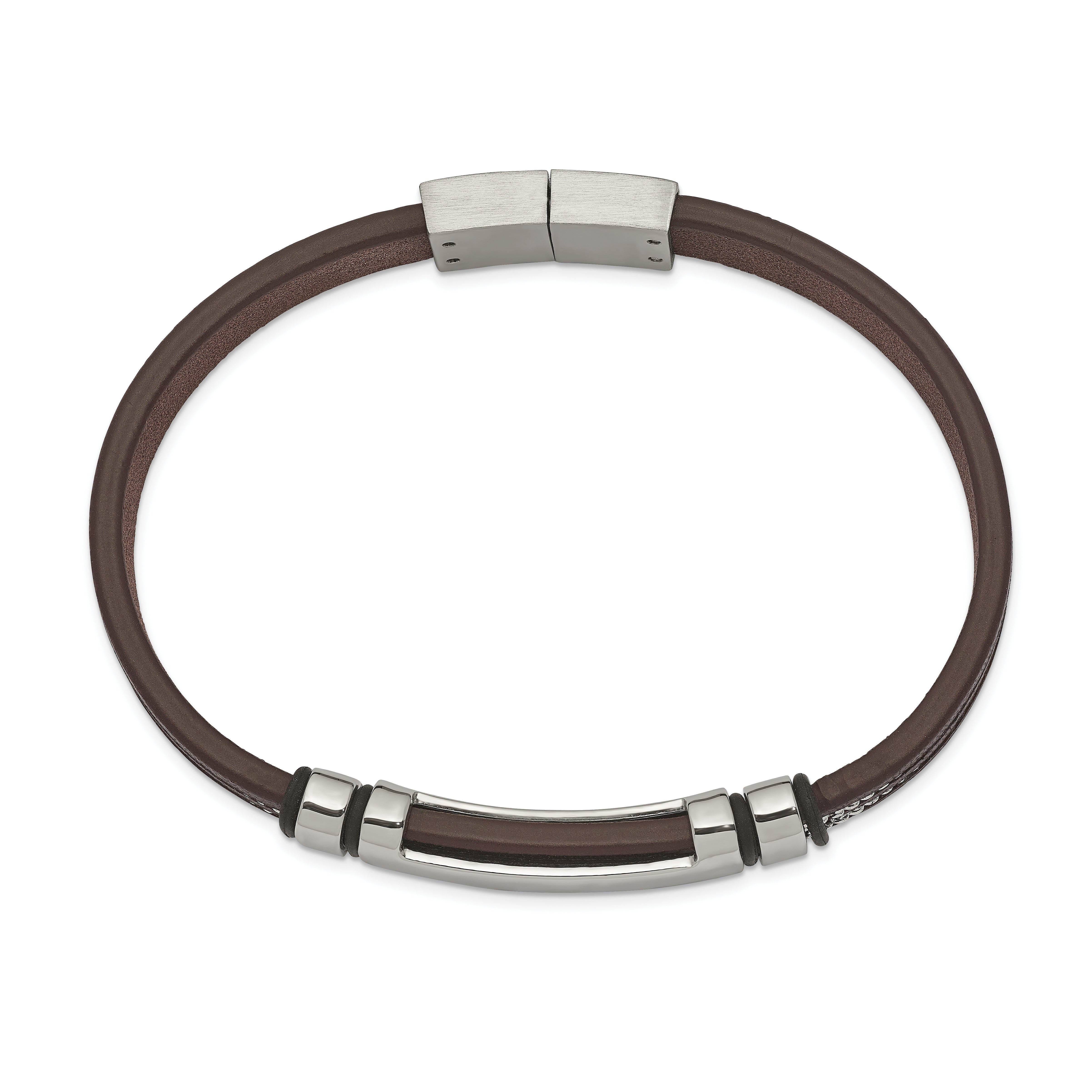 Chisel Stainless Steel Polished Brown Leather with Black Rubber 8.25 inch ID Bracelet