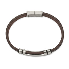 Chisel Stainless Steel Polished Brown Leather with Black Rubber 8.25 inch ID Bracelet