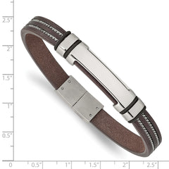 Chisel Stainless Steel Polished Brown Leather with Black Rubber 8.25 inch ID Bracelet