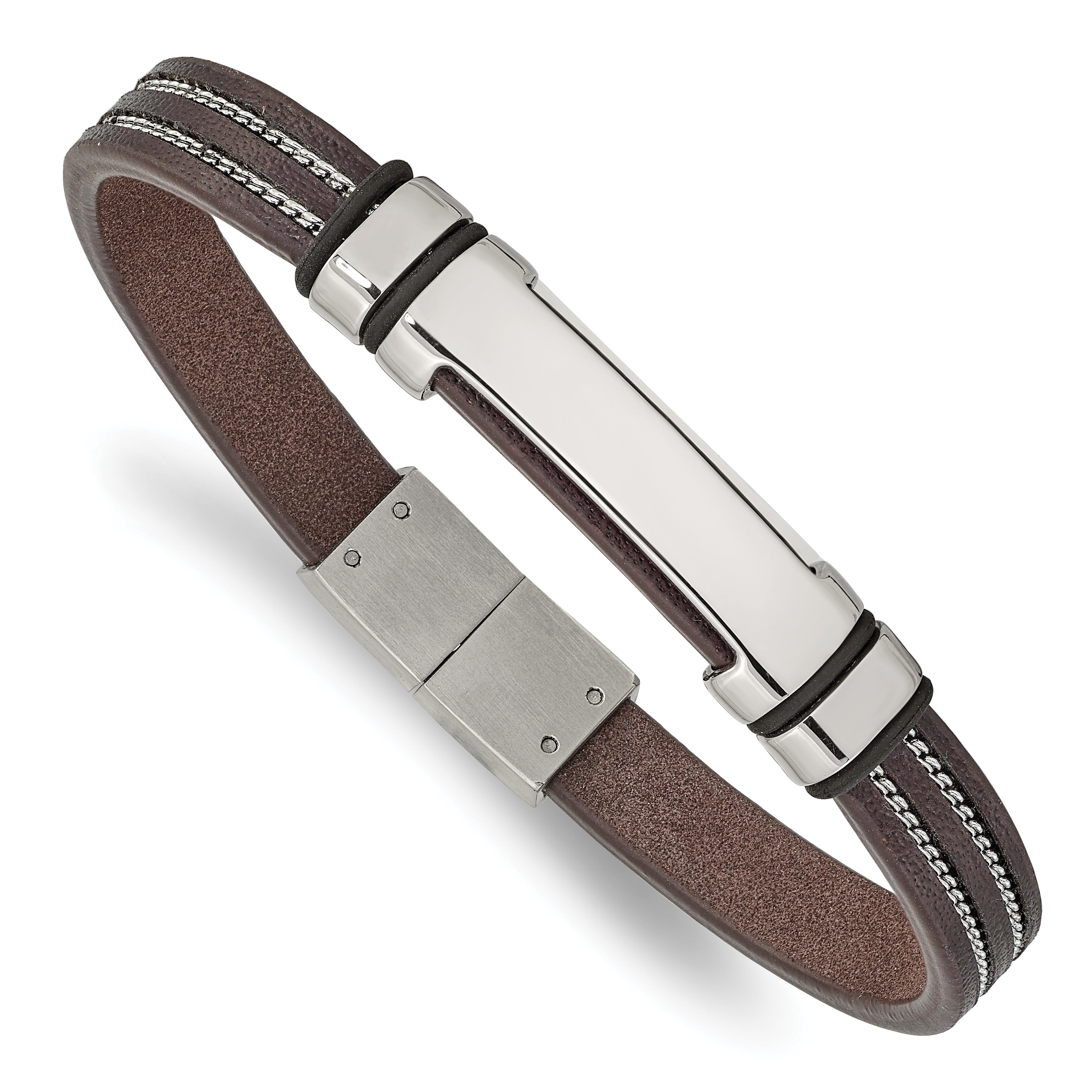 Chisel Stainless Steel Polished Brown Leather with Black Rubber 8.25 inch ID Bracelet