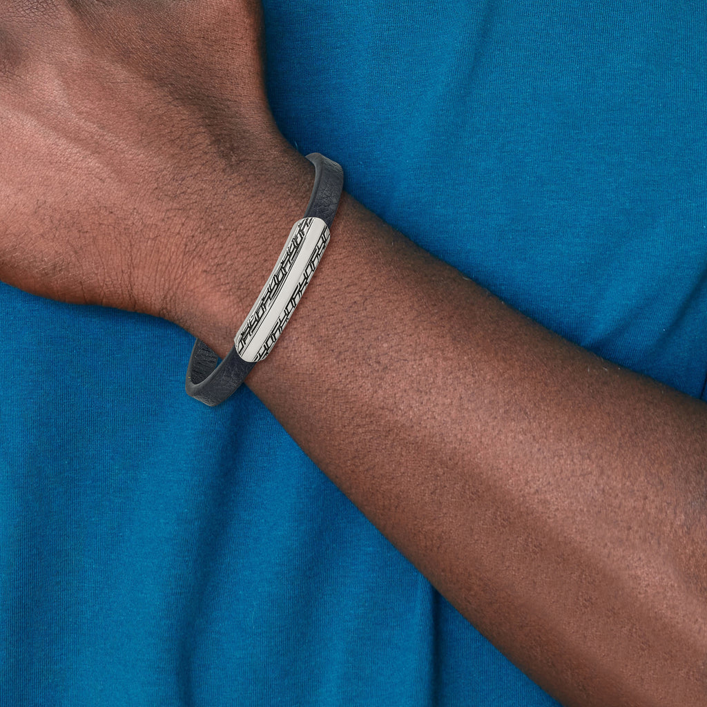 Antiqued Navy Leather Bracelet in Stainless Steel