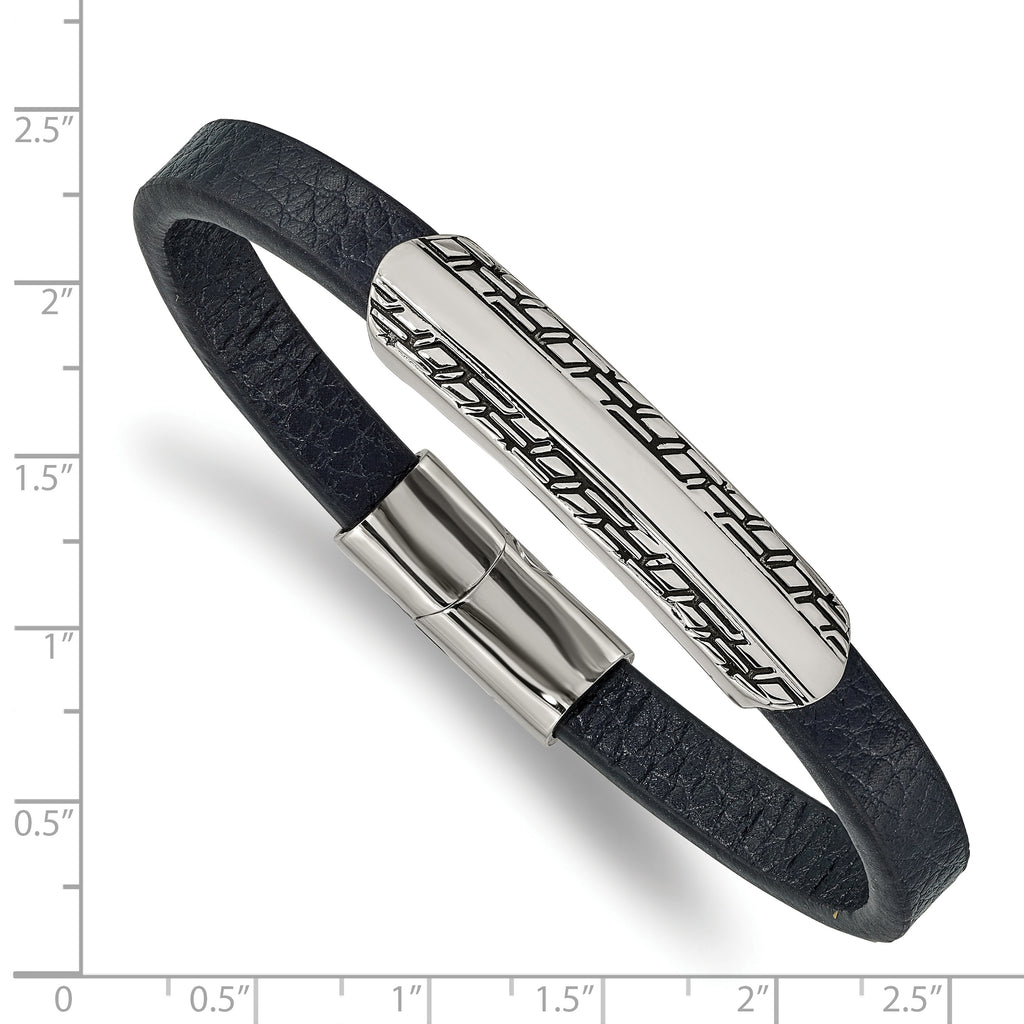 Antiqued Navy Leather Bracelet in Stainless Steel
