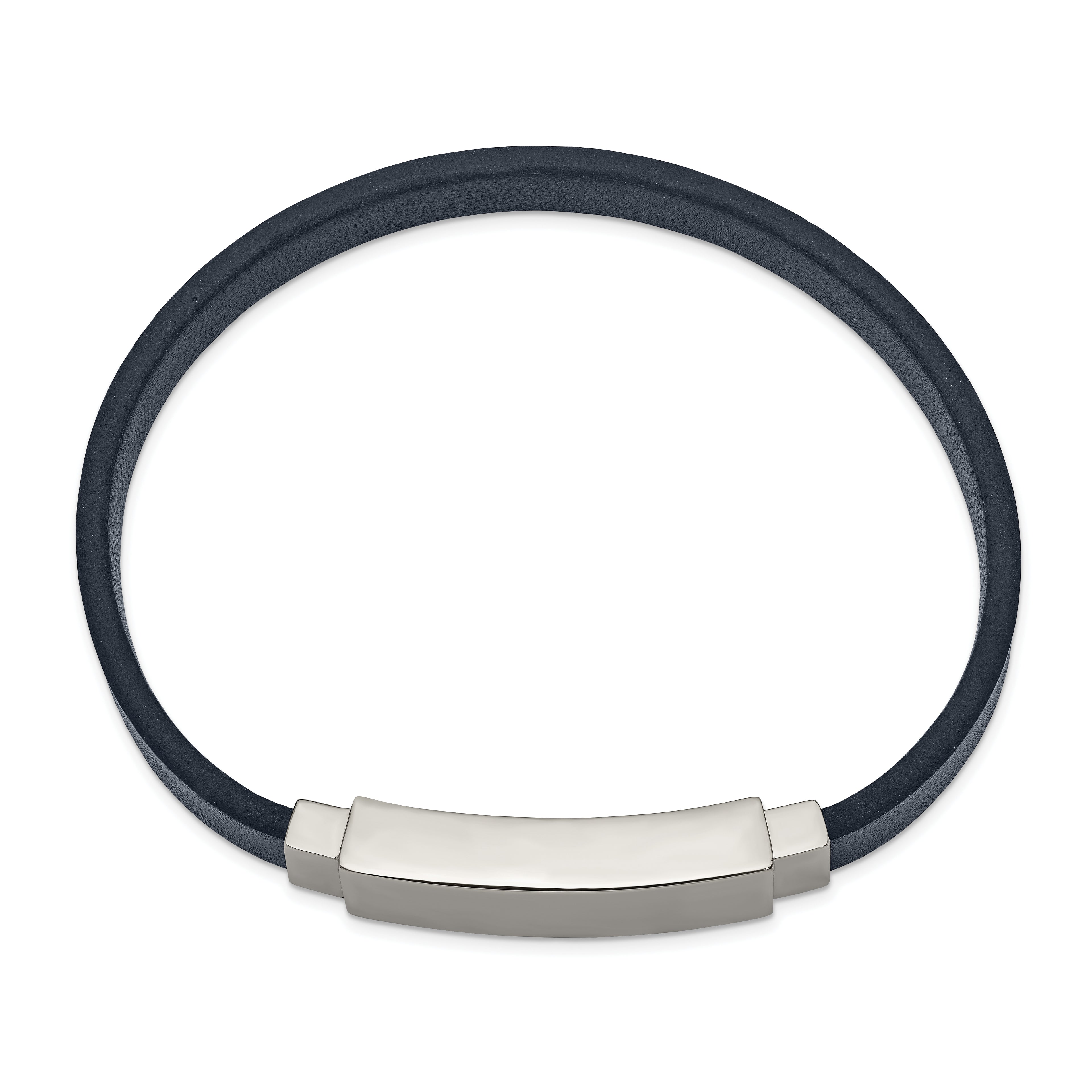 Polished Navy Leather ID Bracelet in Stainless Steel