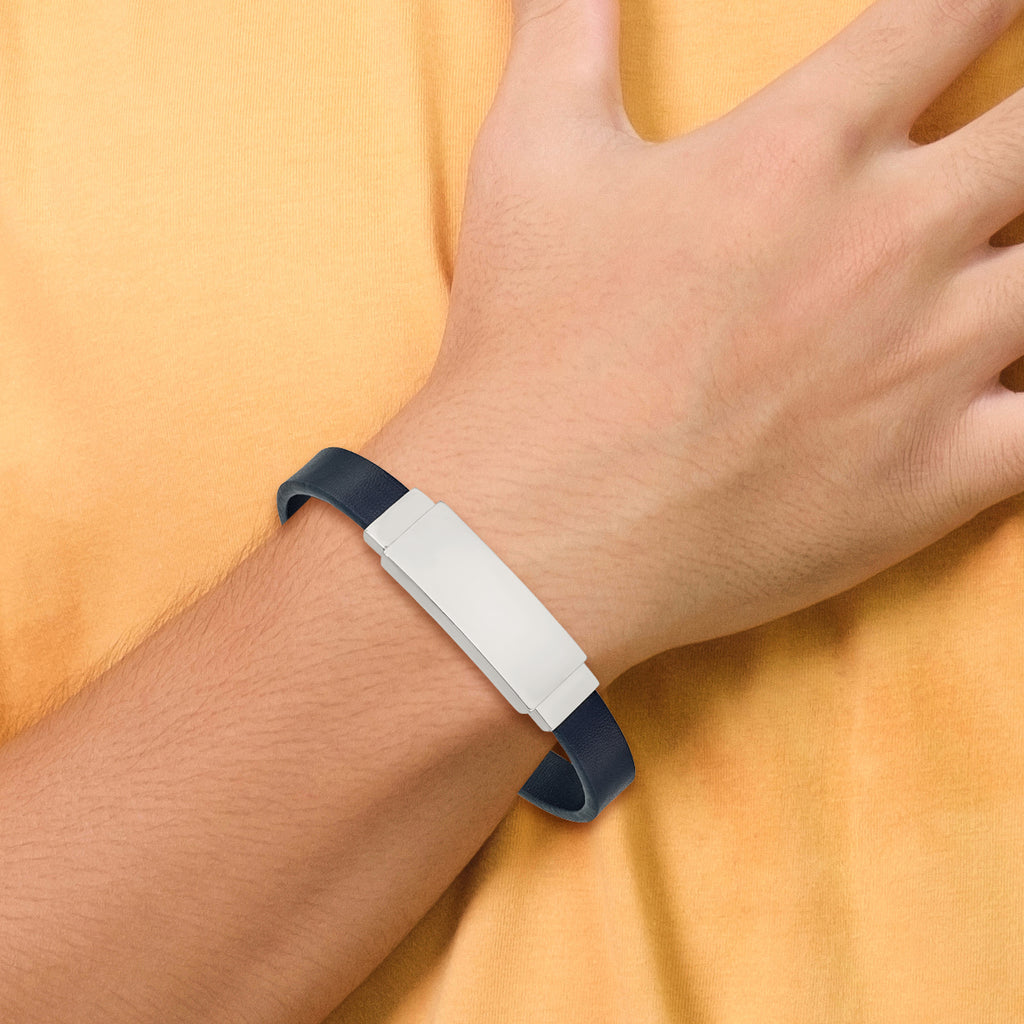 Polished Navy Leather ID Bracelet in Stainless Steel
