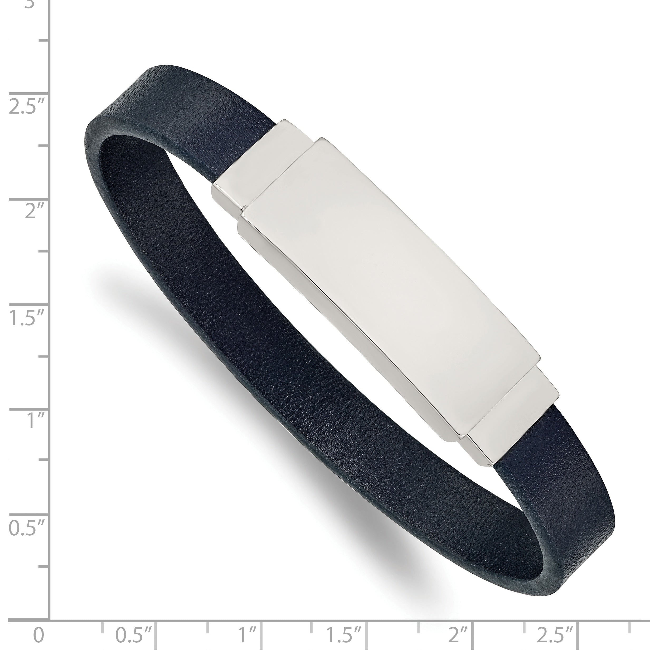 Polished Navy Leather ID Bracelet in Stainless Steel