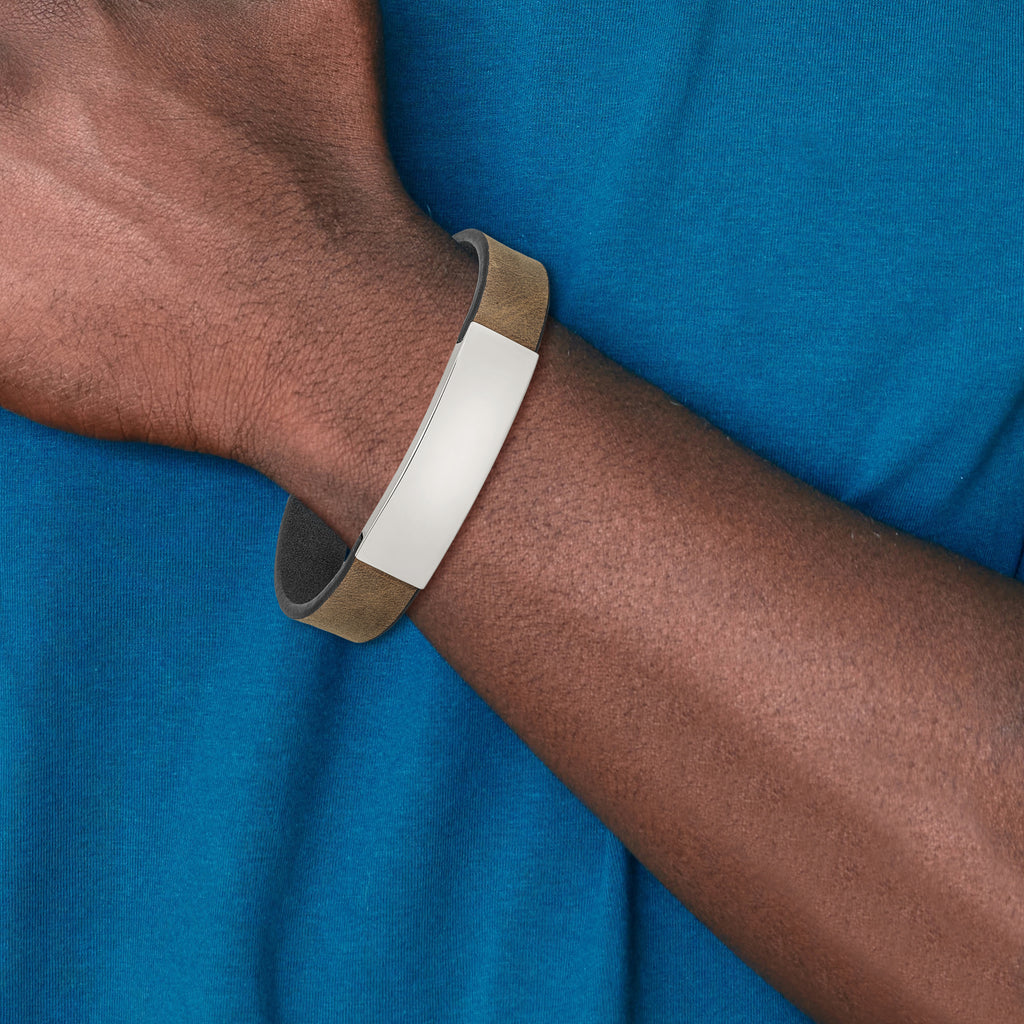 Black & Brown Leather ID Bracelet in Stainless Steel