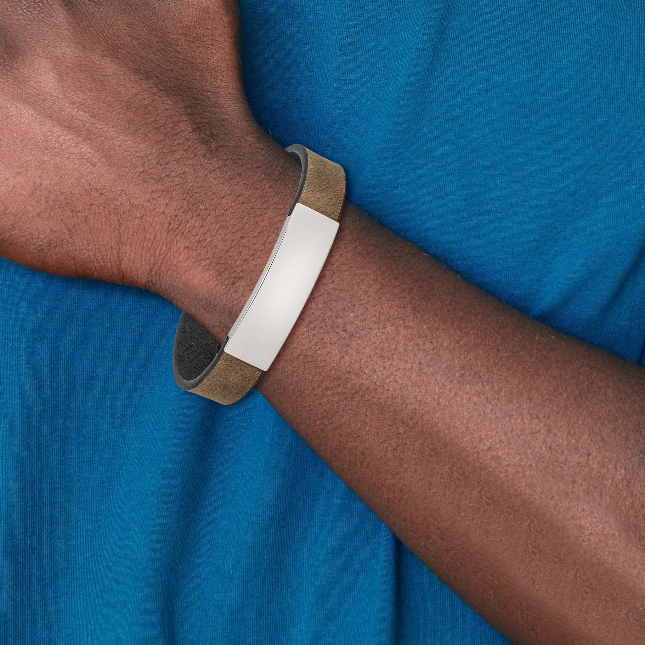 Black & Brown Leather ID Bracelet in Stainless Steel