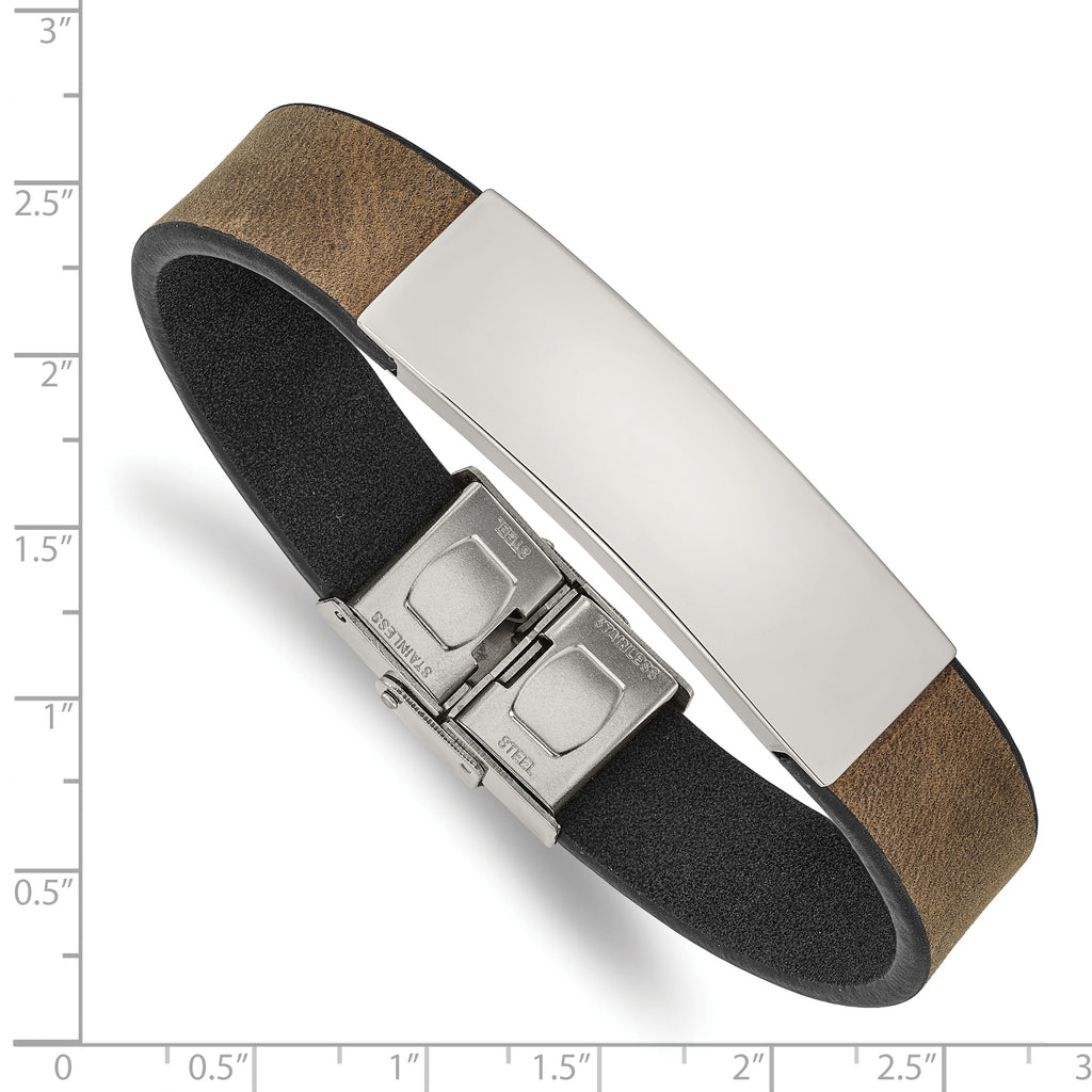 Black & Brown Leather ID Bracelet in Stainless Steel