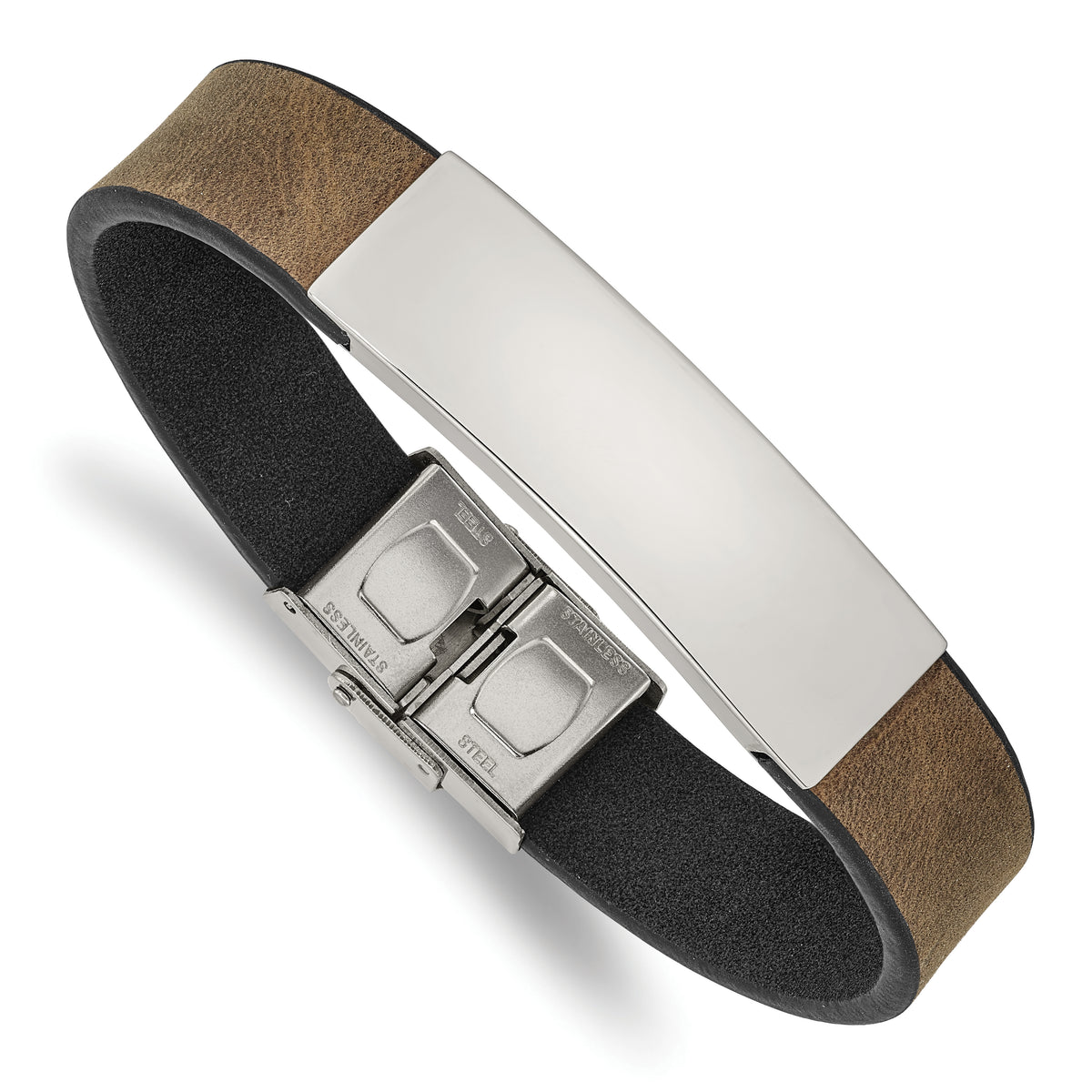 Chisel Stainless Steel Polished Black and Brown Leather 8.25 inch ID Bracelet