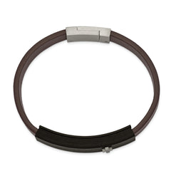 Chisel Stainless Steel Polished Cross Solid Carbon Fiber Brown Faux Leather 8 inch Bracelet - 8