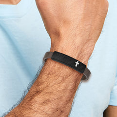 Chisel Stainless Steel Polished Cross Solid Carbon Fiber Brown Faux Leather 8 inch Bracelet - 8