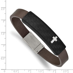 Chisel Stainless Steel Polished Cross Solid Carbon Fiber Brown Faux Leather 8 inch Bracelet - 8
