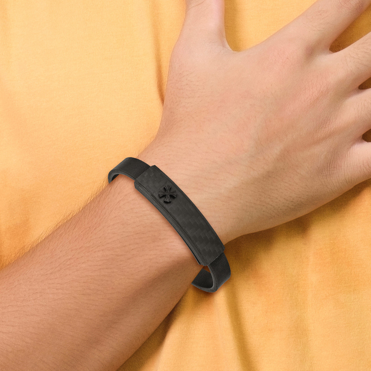 Brushed Bracelet in Black IP Stainless Steel & Carbon Fiber Leather