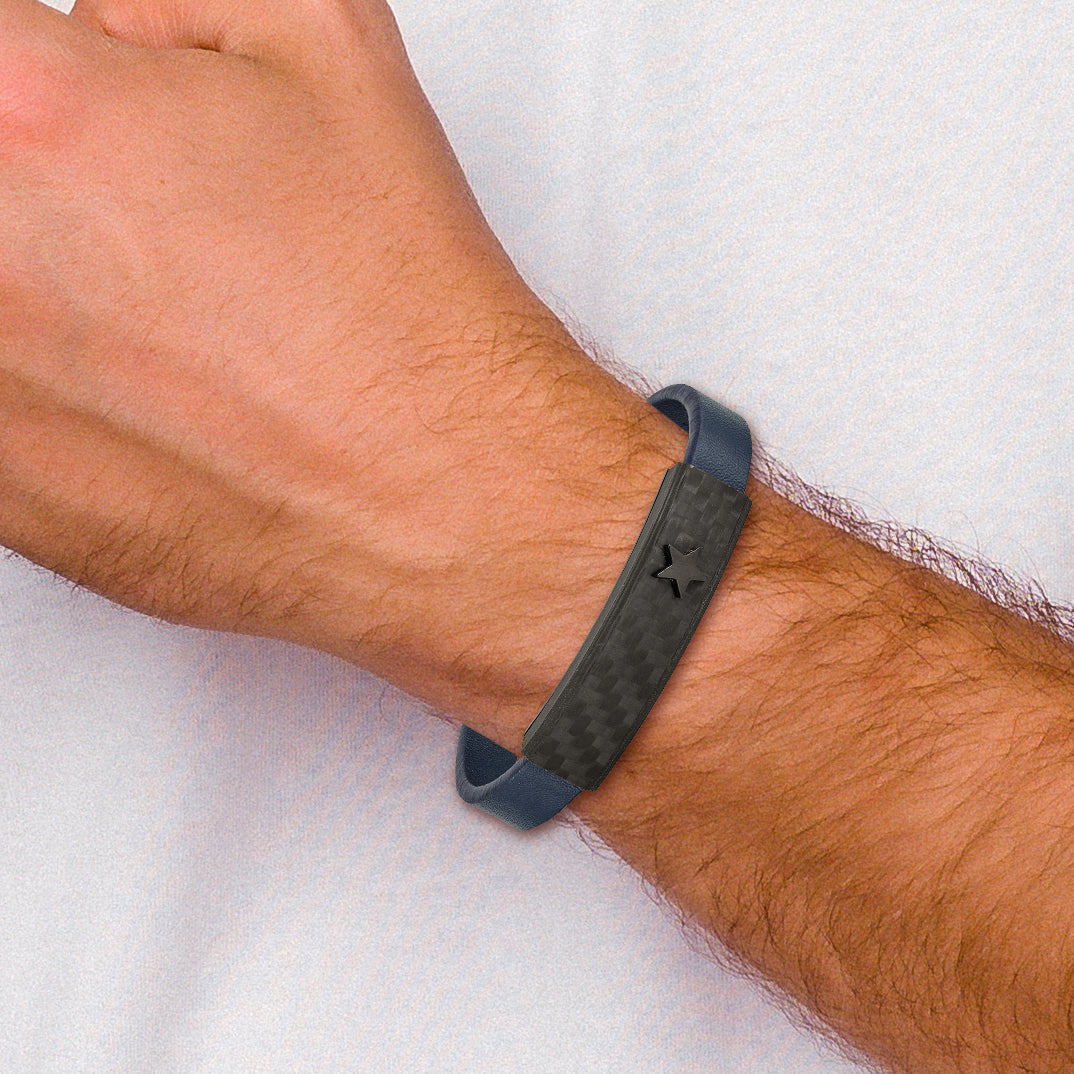 Carbon Fiber & Blue Leather Bracelet in Black Stainless Steel