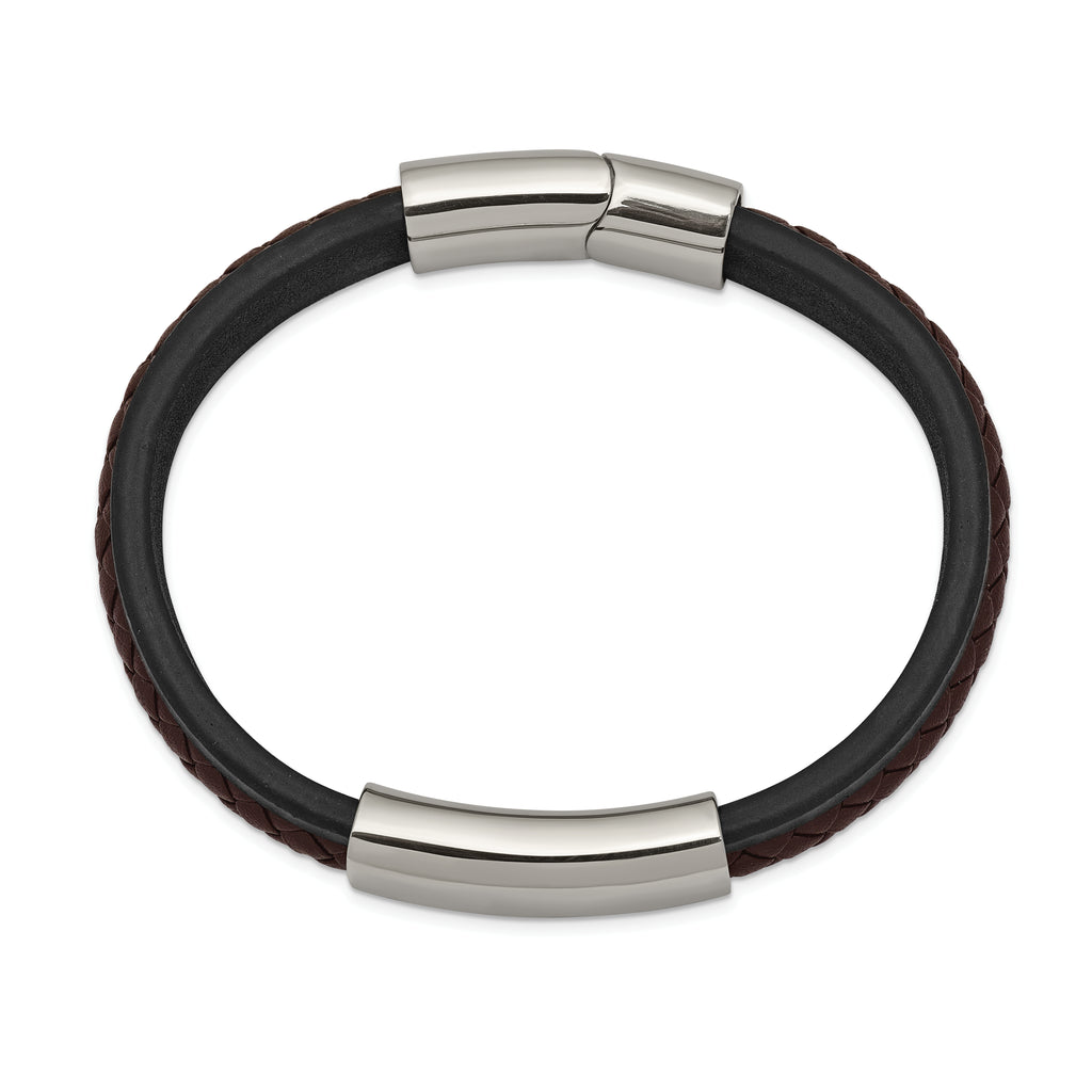 Braided Leather ID Bracelet in Stainless Steel, Black & Brown