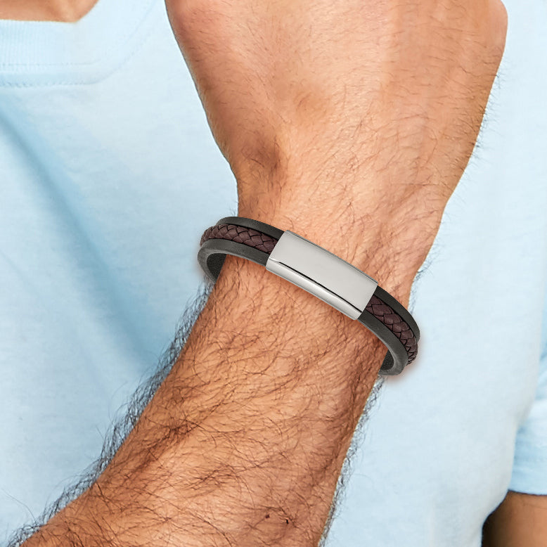 Braided Leather ID Bracelet in Stainless Steel, Black & Brown