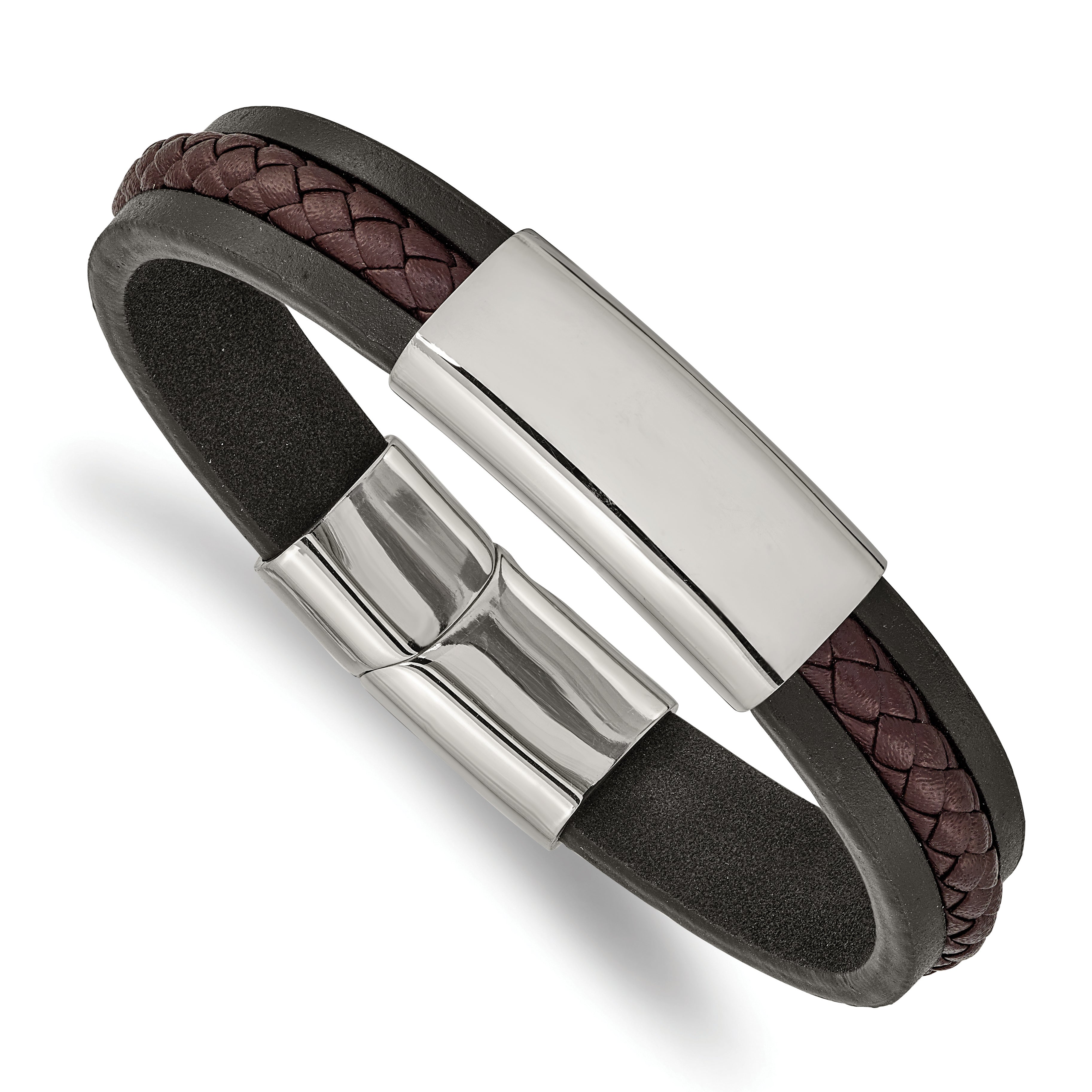 Chisel Stainless Steel Polished Black and Brown Braided Leather 8.25 inch ID Bracelet Main image
