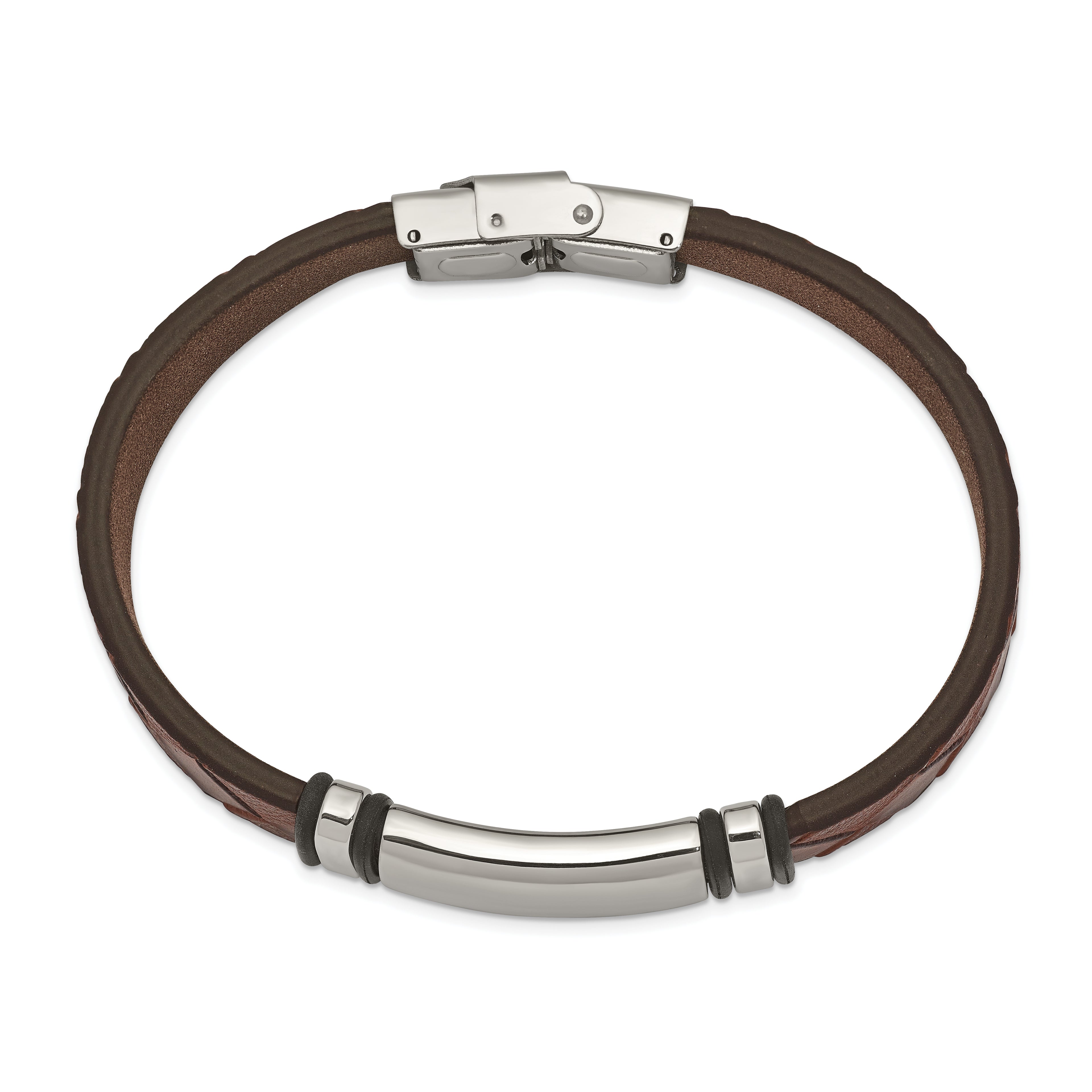 Brown Faux Leather & Black Rubber ID Bracelet in Stainless Steel