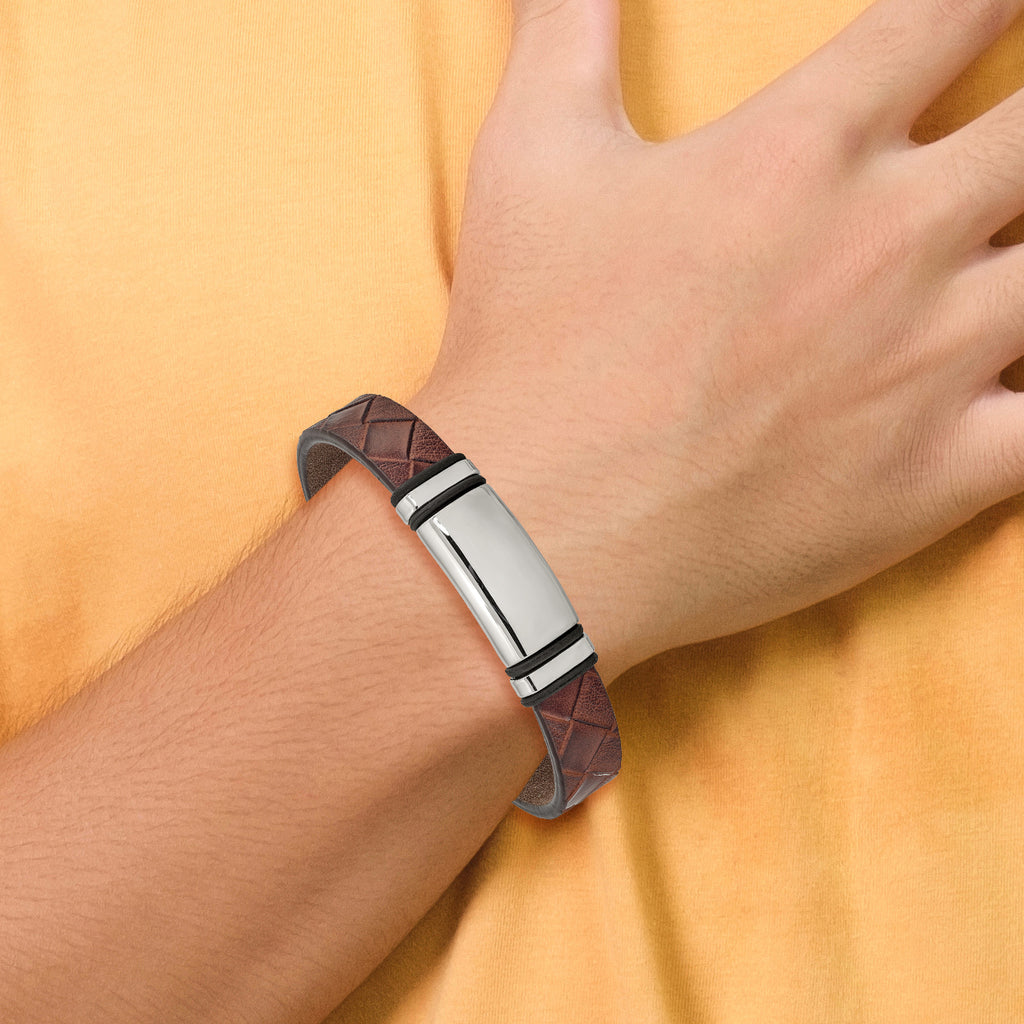Brown Faux Leather & Black Rubber ID Bracelet in Stainless Steel