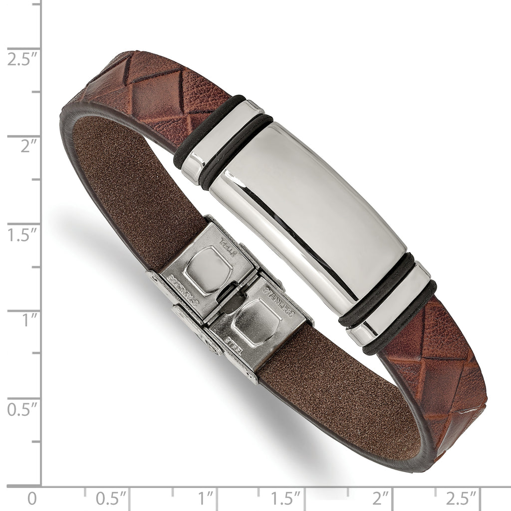 Brown Faux Leather & Black Rubber ID Bracelet in Stainless Steel