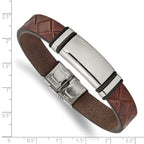 Brown Faux Leather & Black Rubber ID Bracelet in Stainless Steel