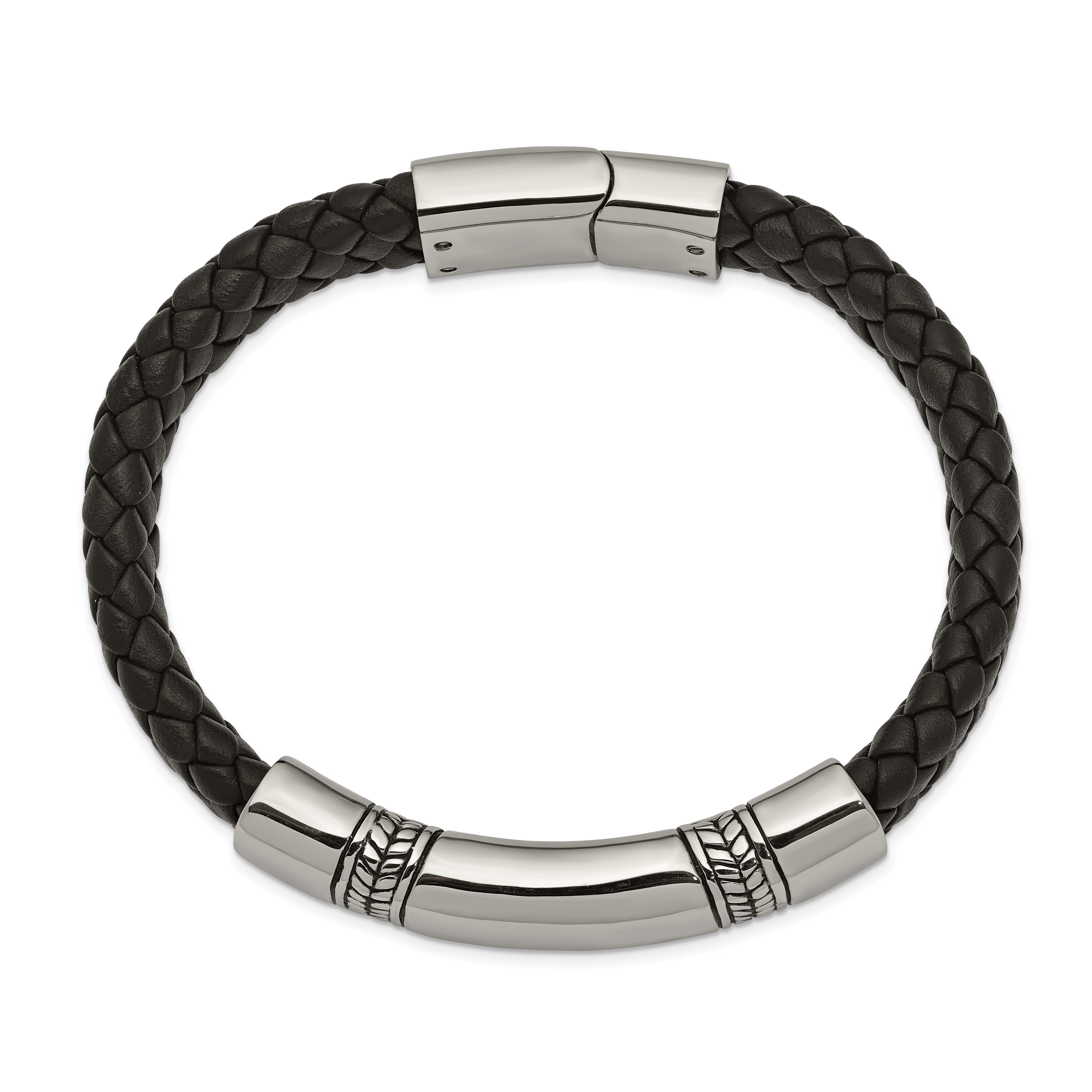 Chisel Stainless Steel Antiqued and Polished Braided Black Leather 8.25 inch ID Bracelet