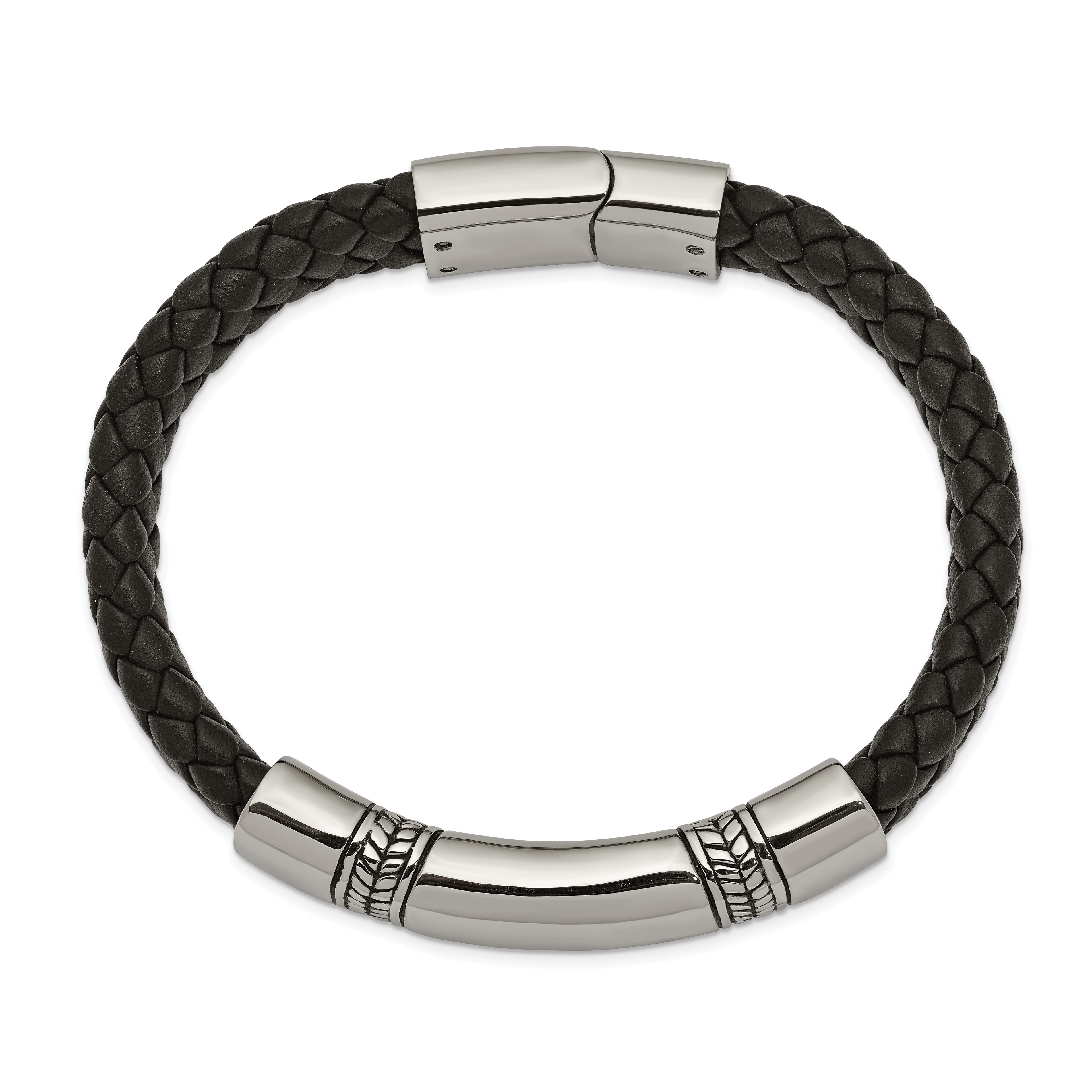 Chisel Stainless Steel Antiqued and Polished Braided Black Leather 8.25 inch ID Bracelet