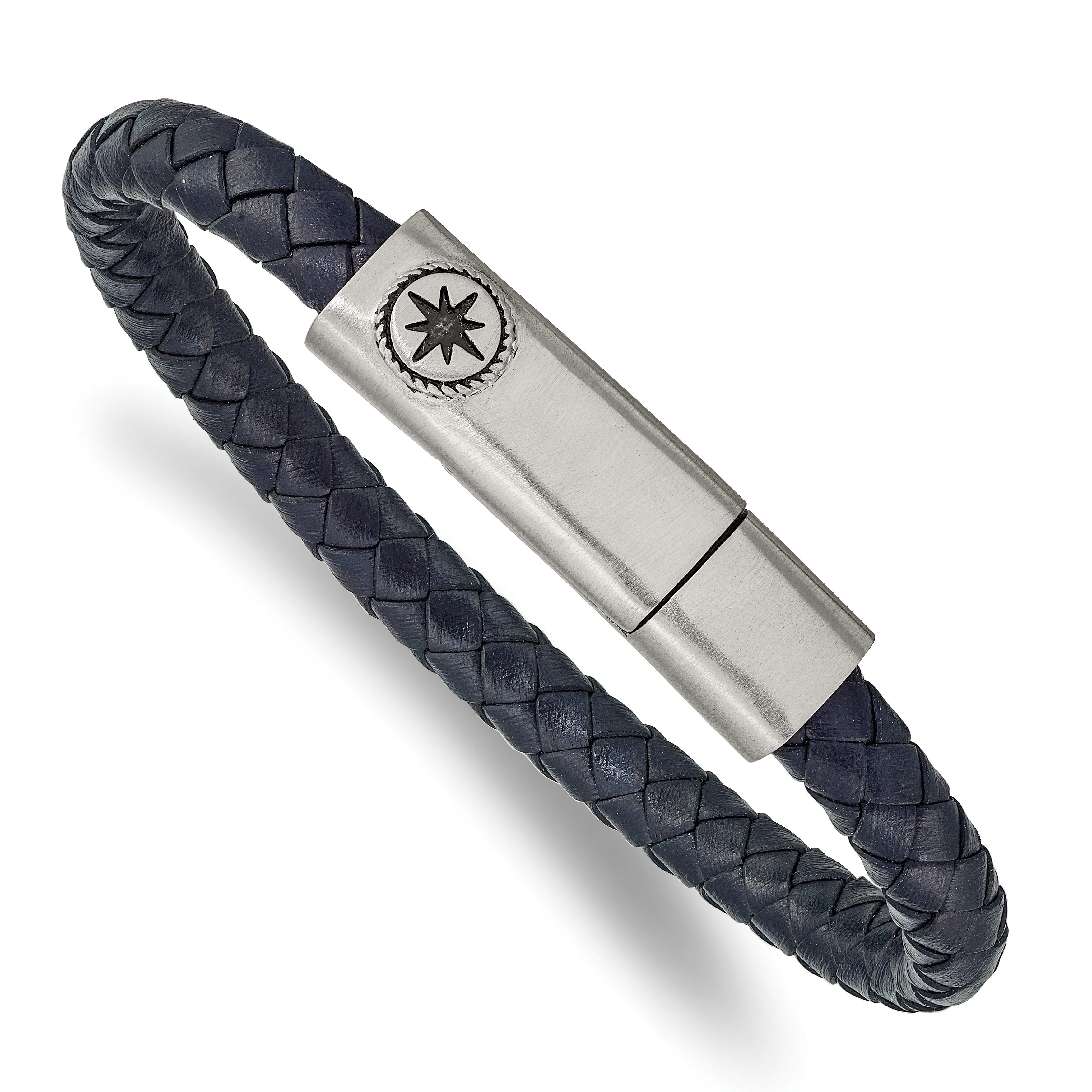 Chisel Stainless Steel Antiqued and Brushed Compass Navy Blue Braided Leather 8 inch Bracelet Main image