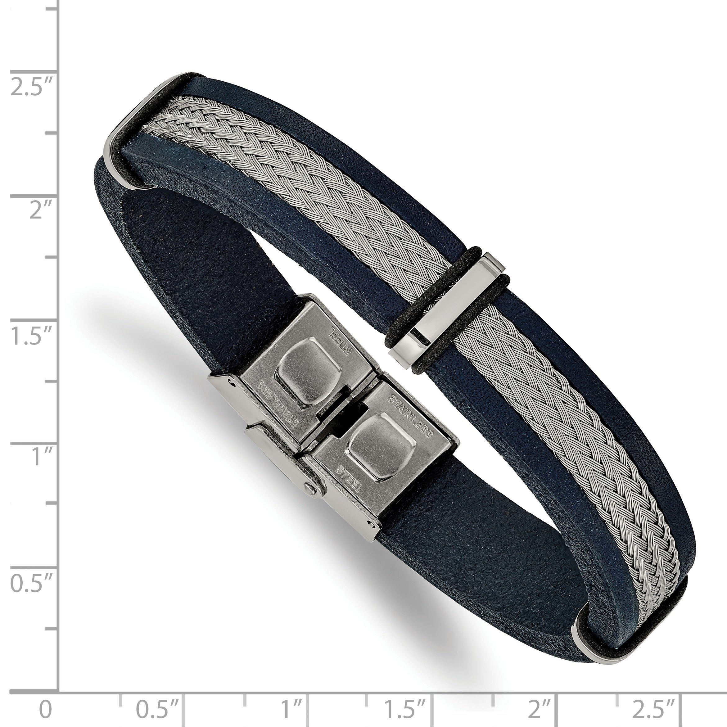 Stainless Steel Polished Blue Leather and Wire 8.5in Bracelet