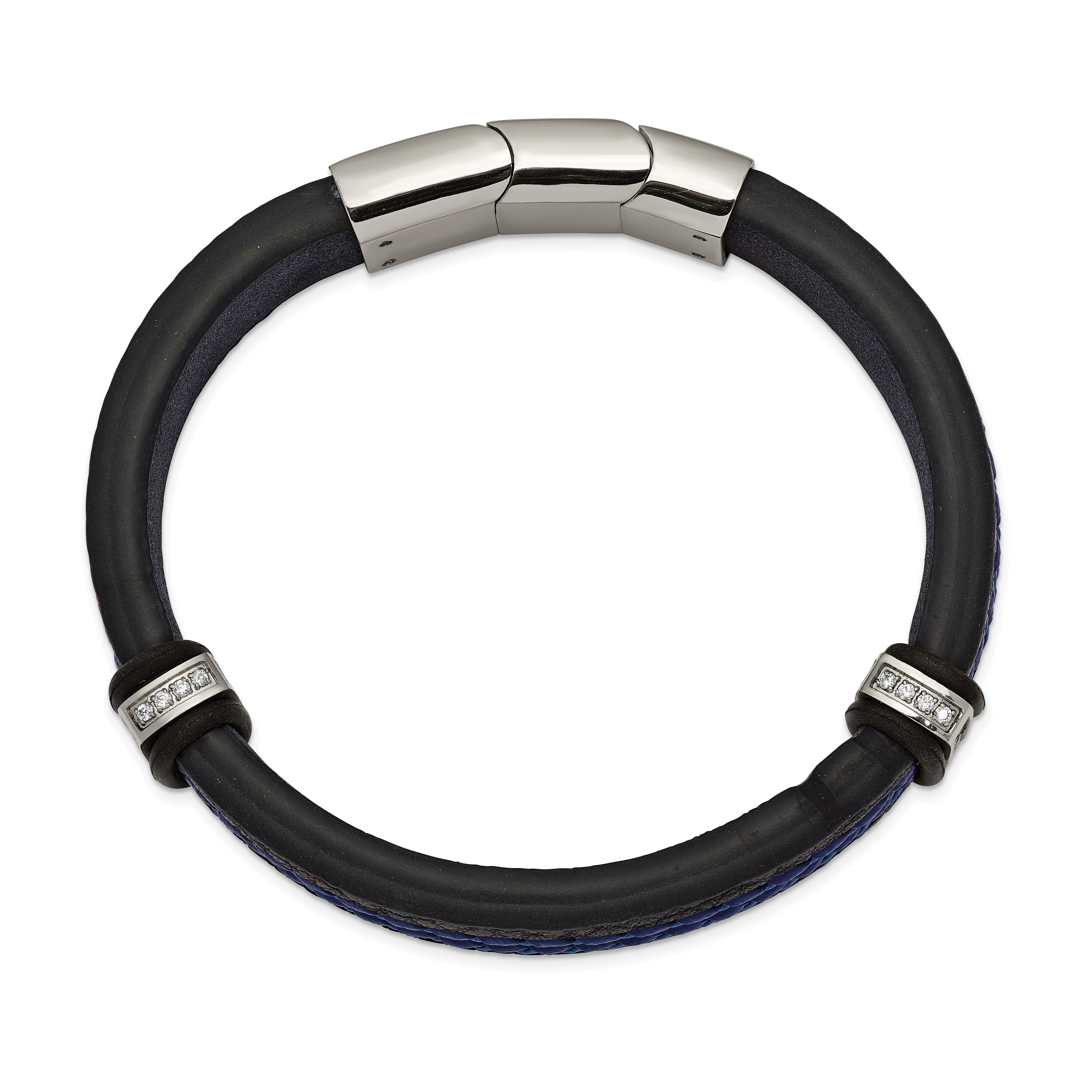 Chisel Stainless Steel Polished with CZ Black and Blue Braided Leather 8 inch Bracelet with .5 inch Extension - 8