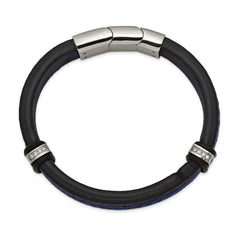Chisel Stainless Steel Polished with CZ Black and Blue Braided Leather 8 inch Bracelet with .5 inch Extension - 8