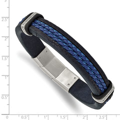 Chisel Stainless Steel Polished with CZ Black and Blue Braided Leather 8 inch Bracelet with .5 inch Extension - 8