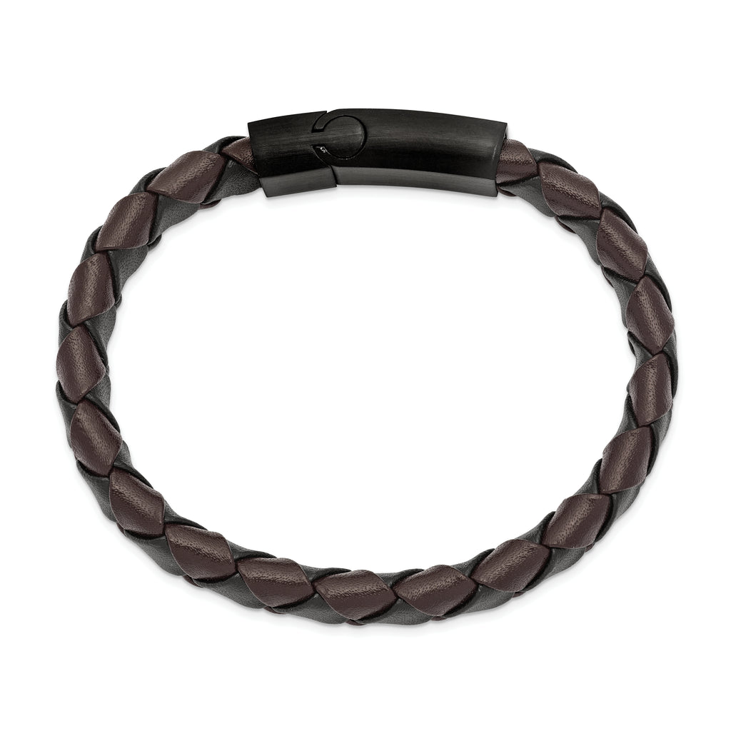 Brushed Leather Bracelet in Stainless Steel, Black & Brown