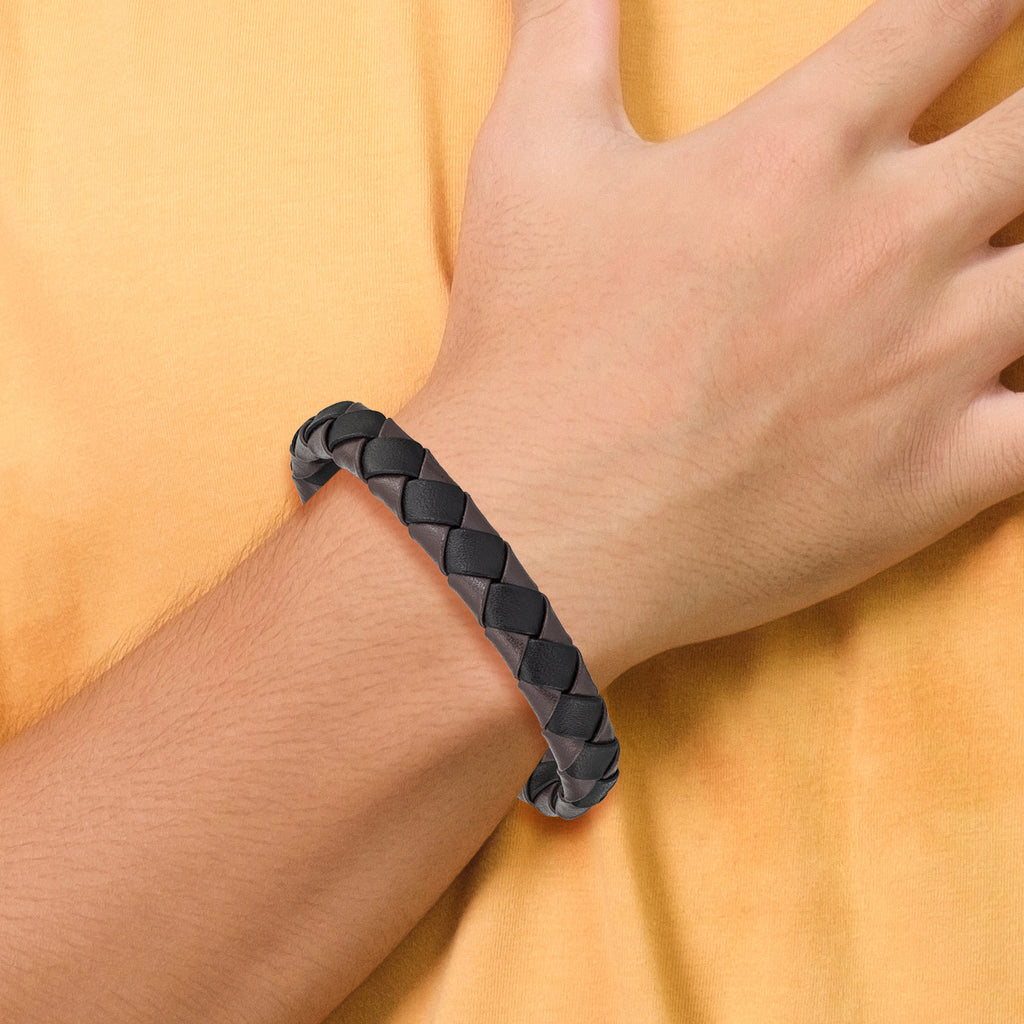 Brushed Leather Bracelet in Stainless Steel, Black & Brown