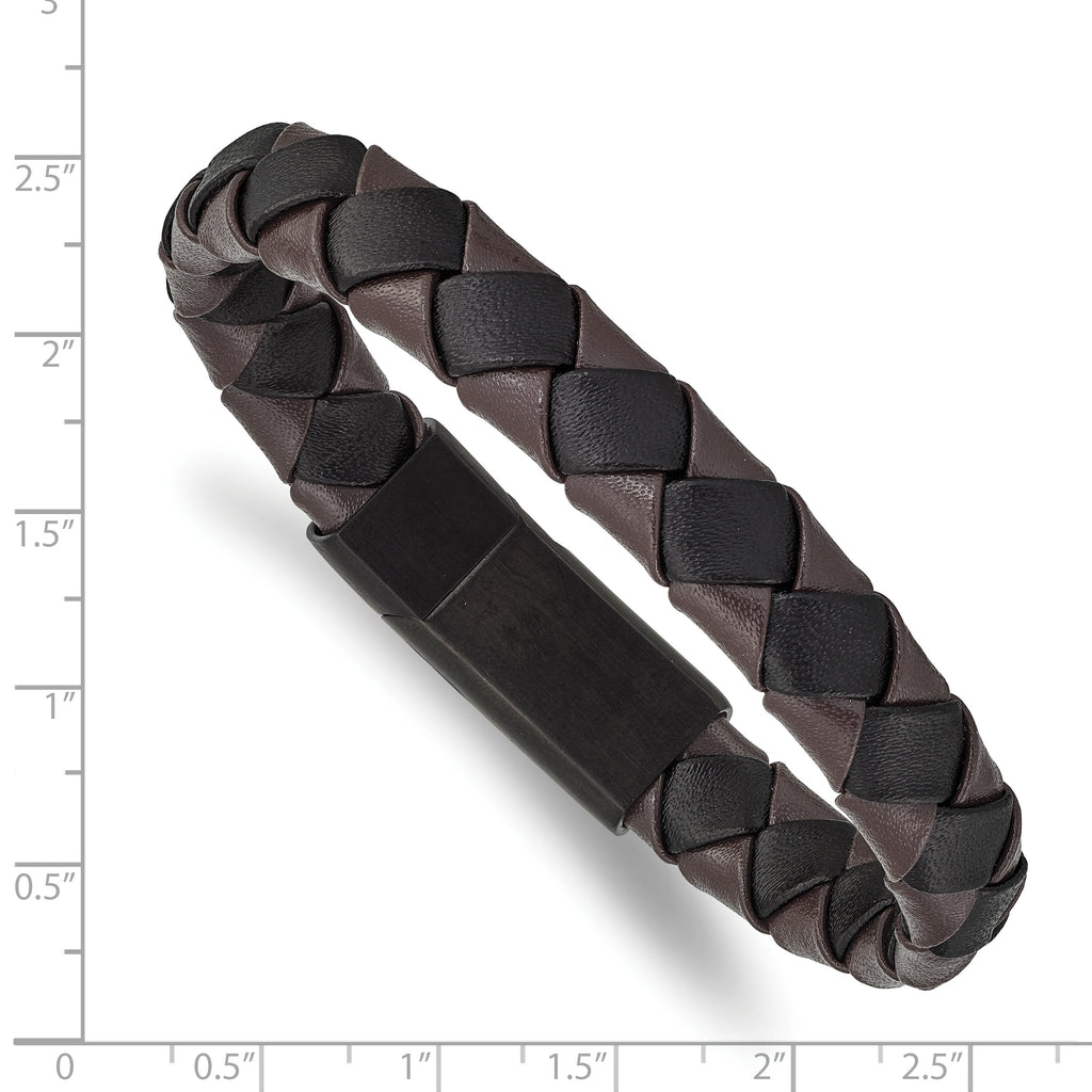 Brushed Leather Bracelet in Stainless Steel, Black & Brown