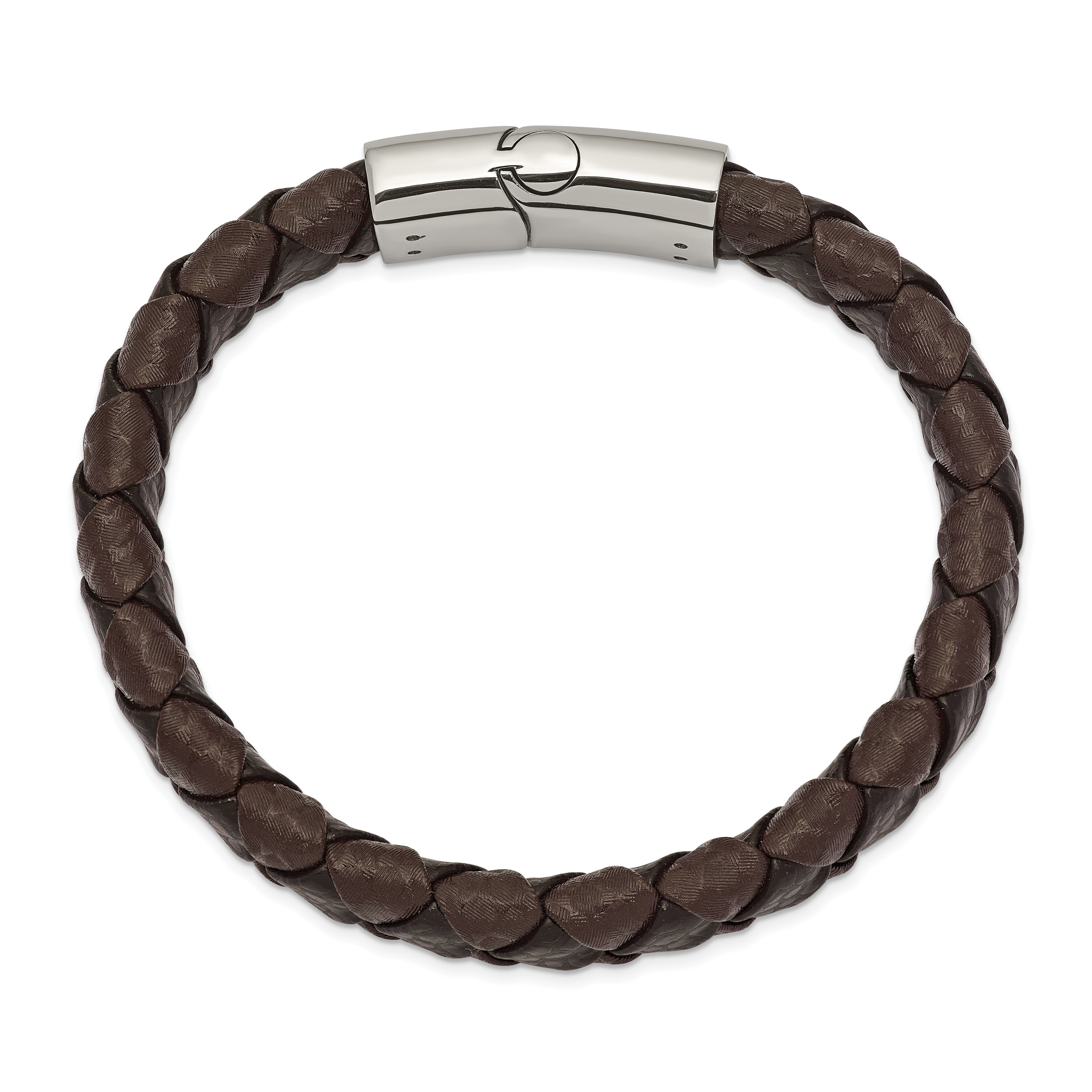 Chisel Stainless Steel Polished Black and Brown Textured Leather 8 inch Bracelet