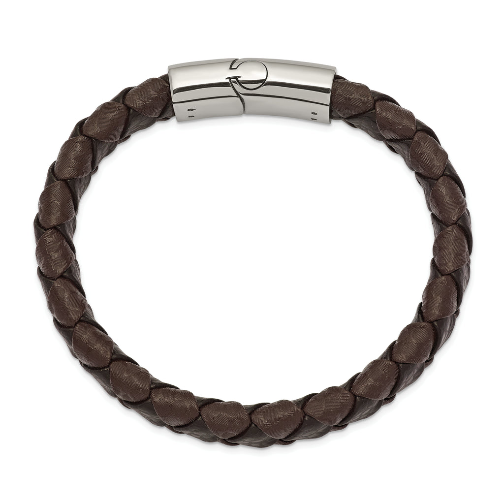Chisel Stainless Steel Polished Black and Brown Textured Leather 8 inch Bracelet