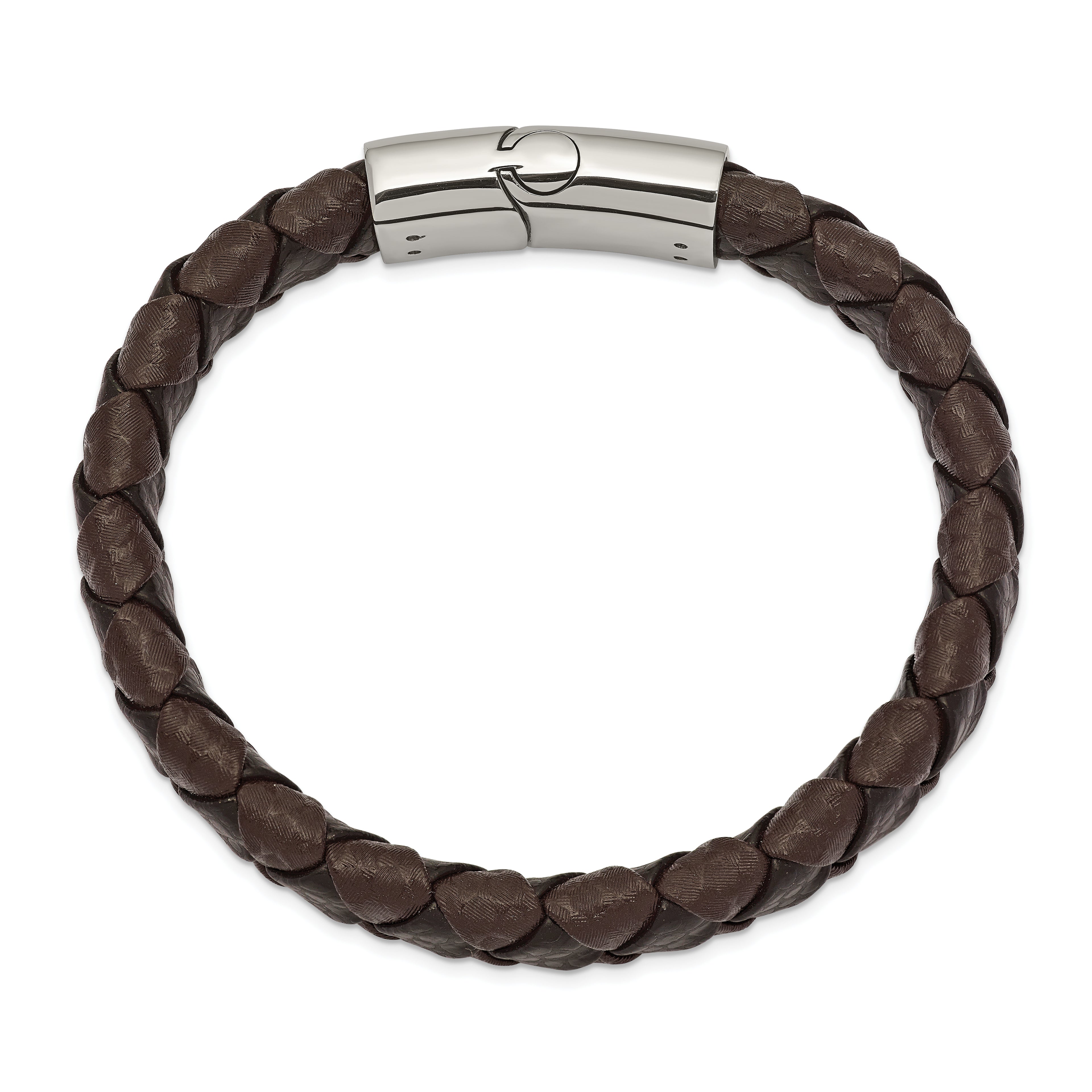 Chisel Stainless Steel Polished Black and Brown Textured Leather 8 inch Bracelet