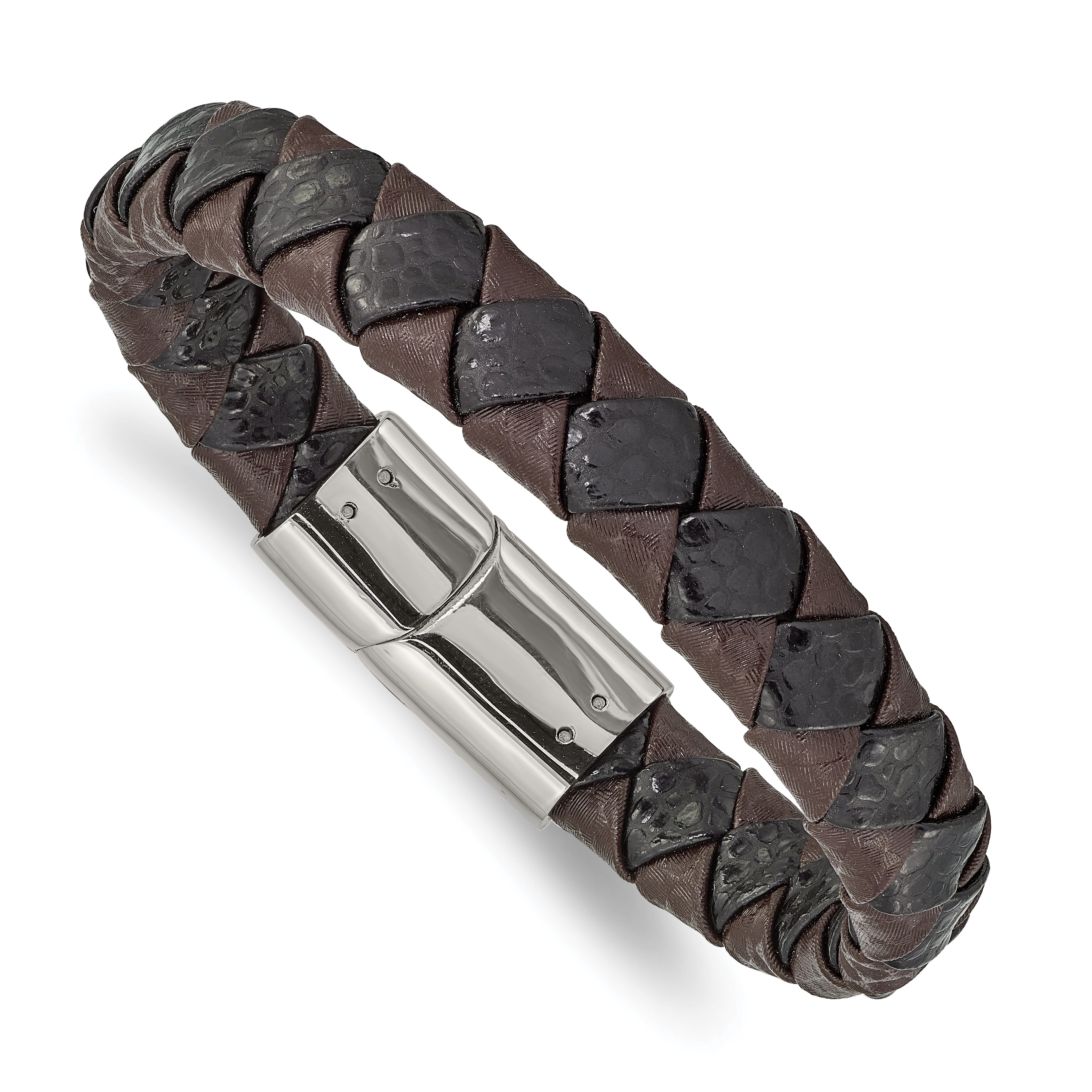 Chisel Stainless Steel Polished Black and Brown Textured Leather 8 inch Bracelet Main image