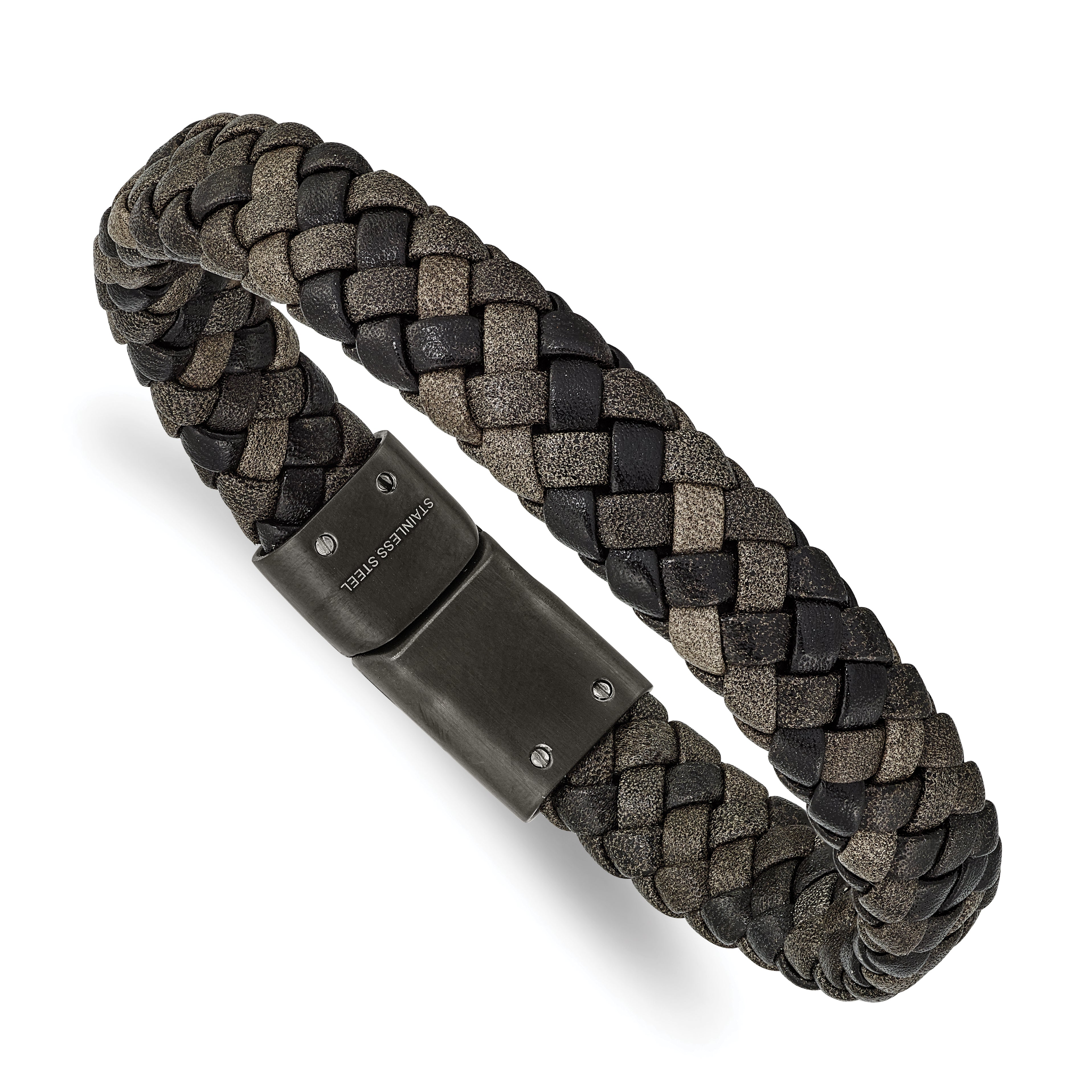 Chisel Stainless Steel Brushed Gun Metal IP-plated Brown Braided Leather 8.25 inch Bracelet Main image