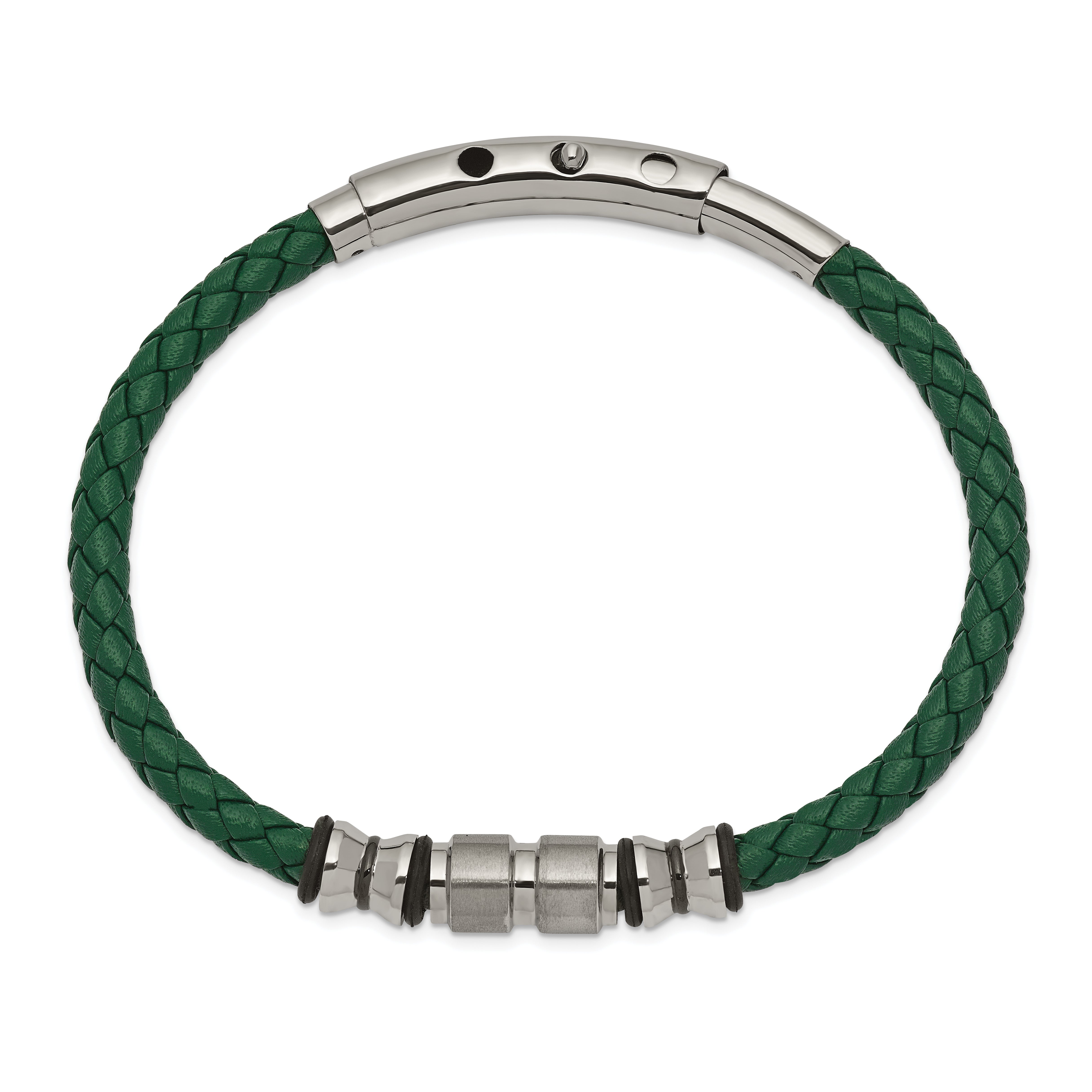 Chisel Stainless Steel Brushed and Polished Black IP-plated with Rubber Green Braided Leather Adjustable 7.75 to 8.25 inch Bracelet Secondary image
