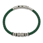 Chisel Stainless Steel Brushed and Polished Black IP-plated with Rubber Green Braided Leather Adjustable 7.75 to 8.25 inch Bracelet