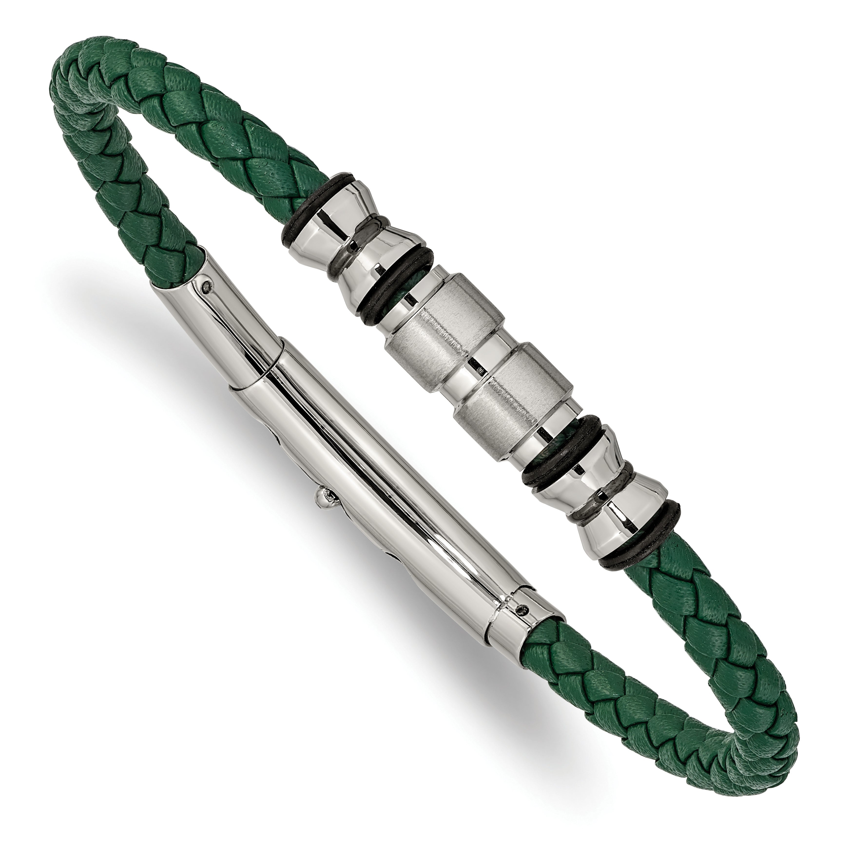 Chisel Stainless Steel Brushed and Polished Black IP-plated with Rubber Green Braided Leather Adjustable 7.75 to 8.25 inch Bracelet Main image