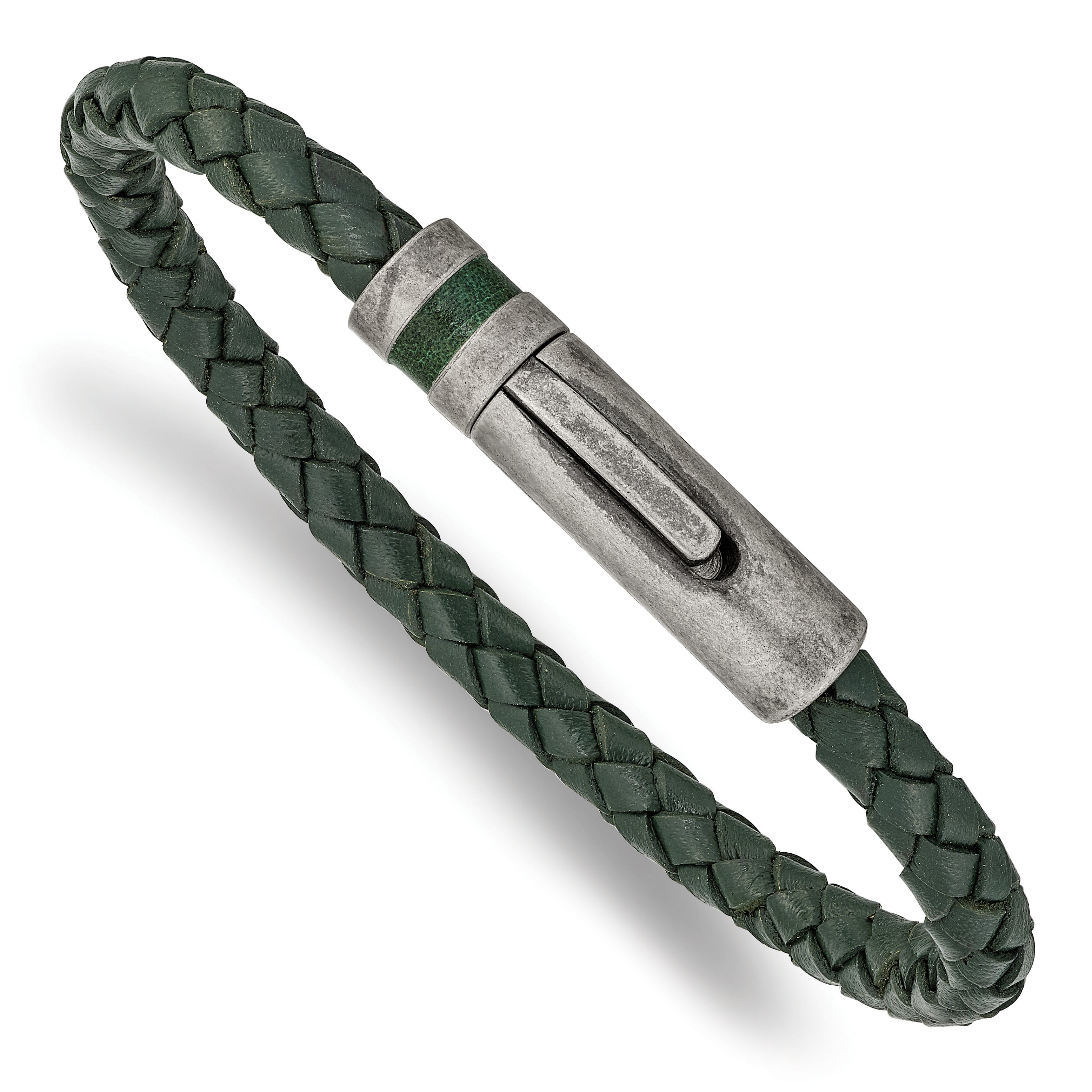 Chisel Stainless Steel Antiqued Green Braided Leather 8.25 inch Bracelet Main image